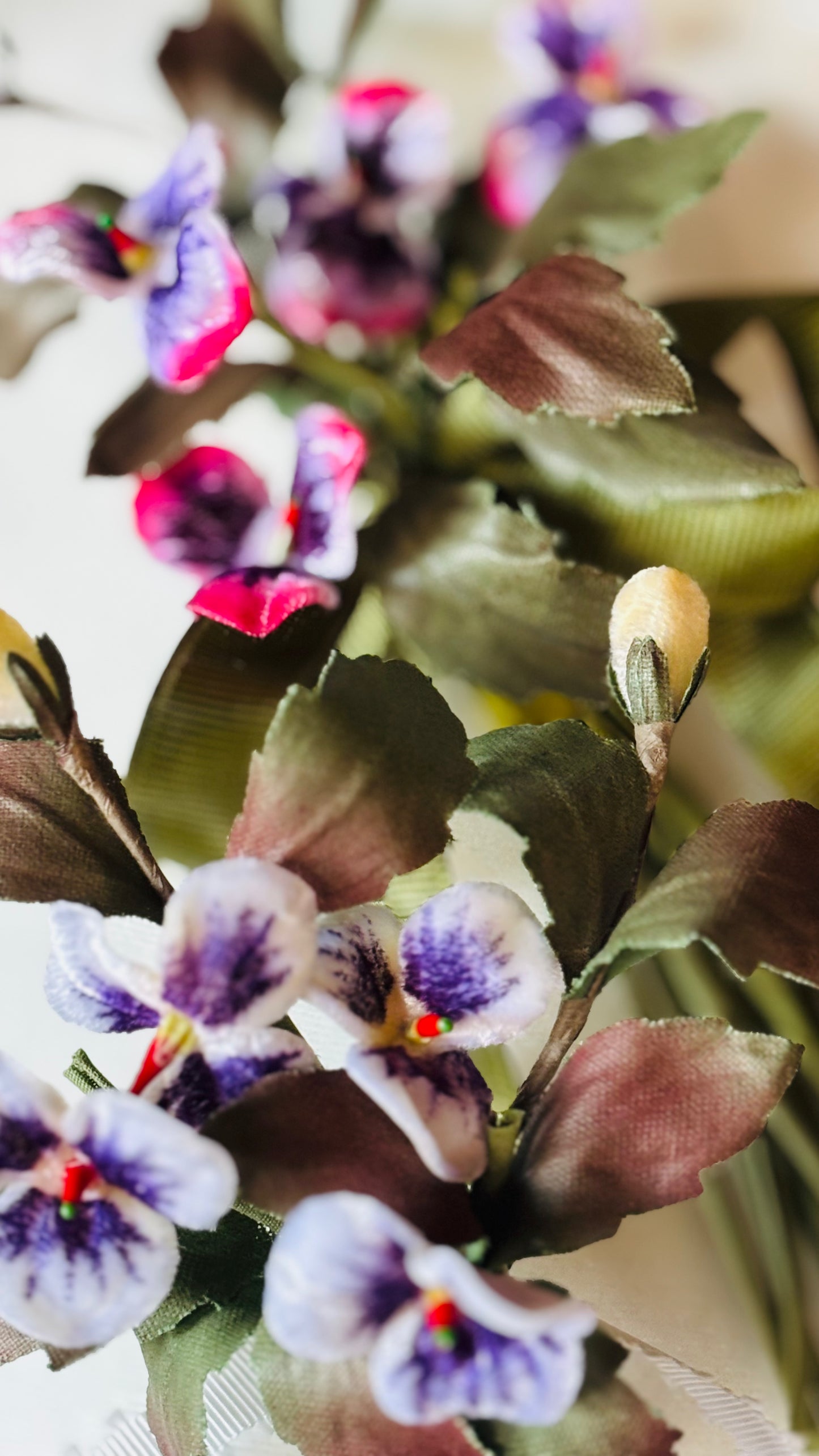 Violet White Vintage Velvet Pansy Pin with Bow