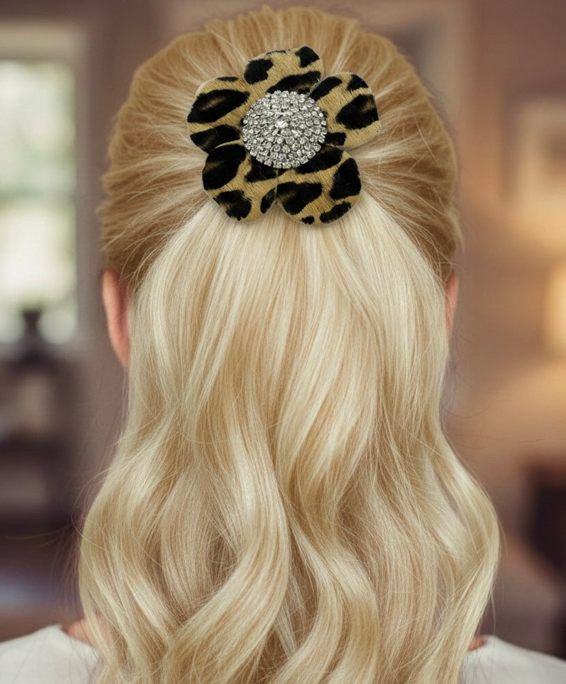 Samantha Mini Leopard Print Leather Clip with Crystal Center, 2.25"