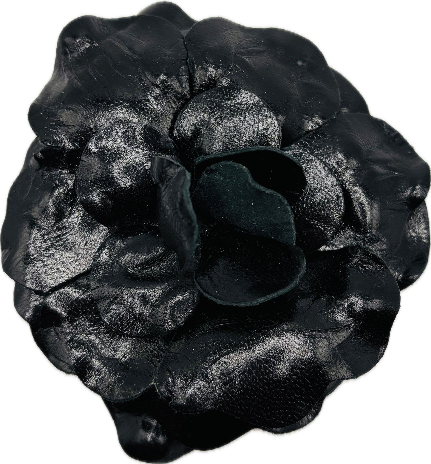 Black Genuine Leather Camellia Pin & Clip, 4" – Limited Edition