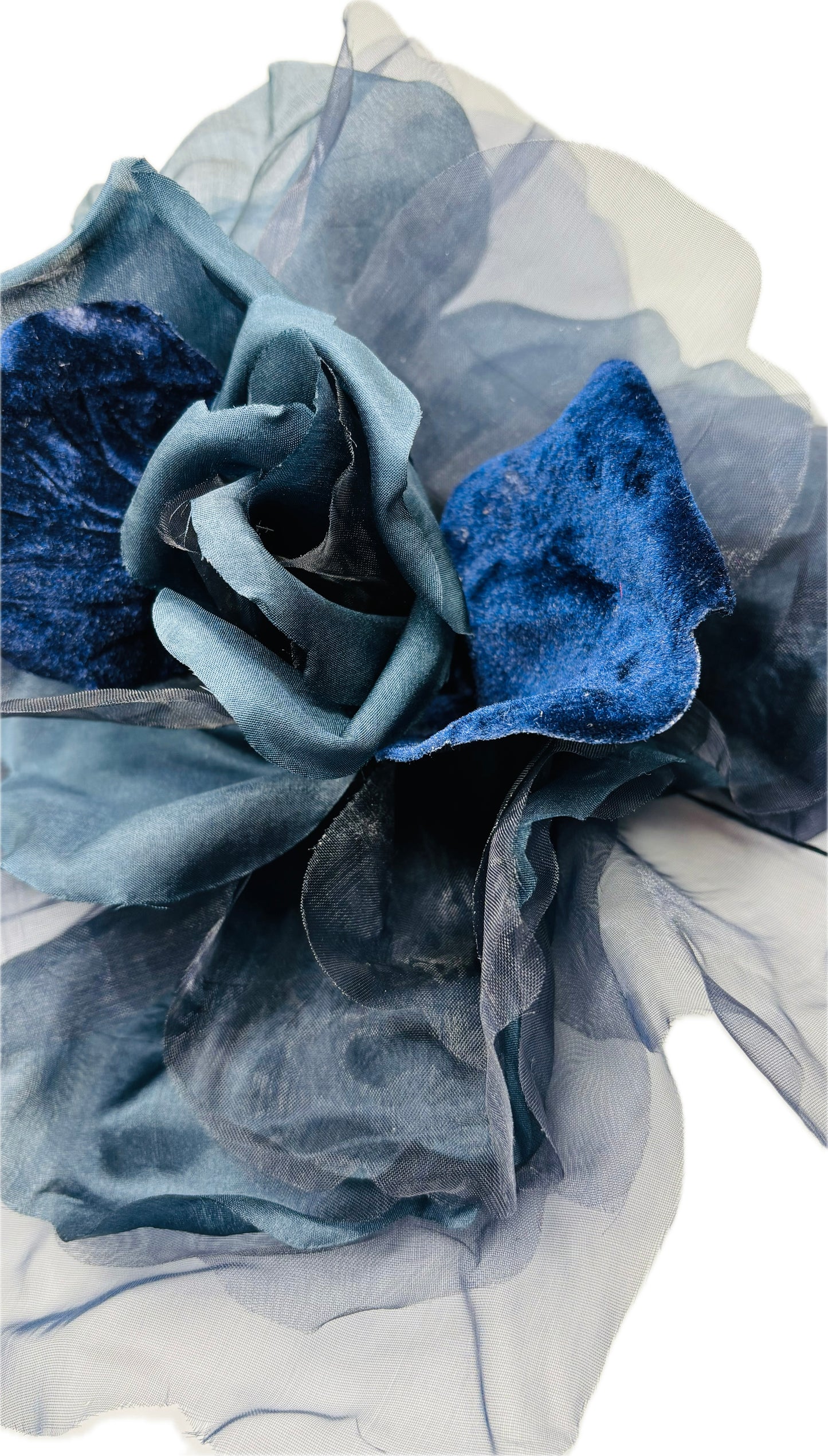 Karin's Garden 10" "Ariana" Navy Blue Silk & Velvet Organza Rose Pin & Clip. A Statement Flower