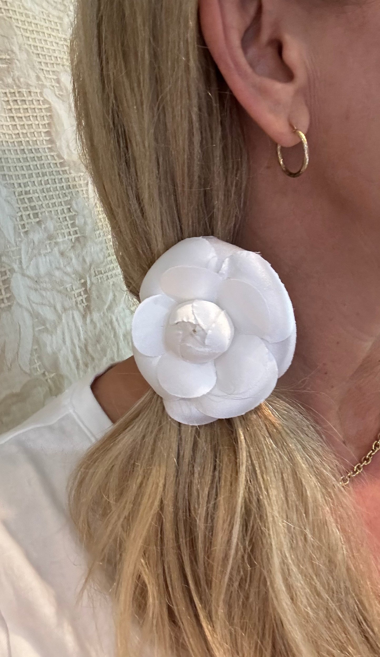 Classic Silk White Camellia Flower Brooch and Clip. Made in the USA
