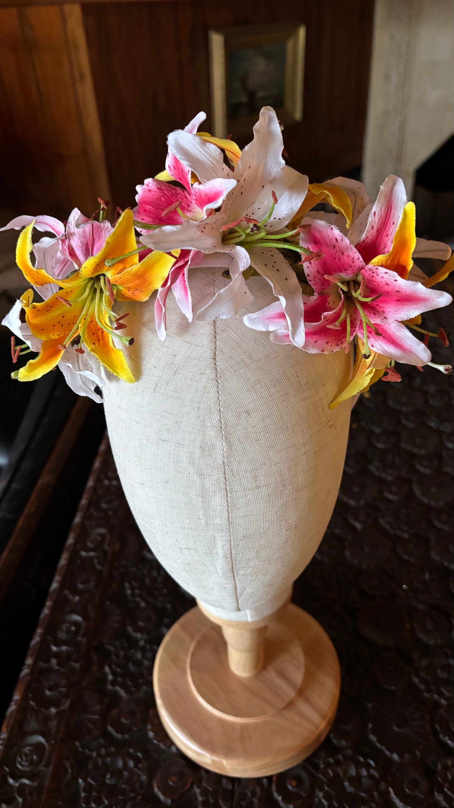 Martha Pink, White & Yellow Tiger Lily Crown Headband, 1"