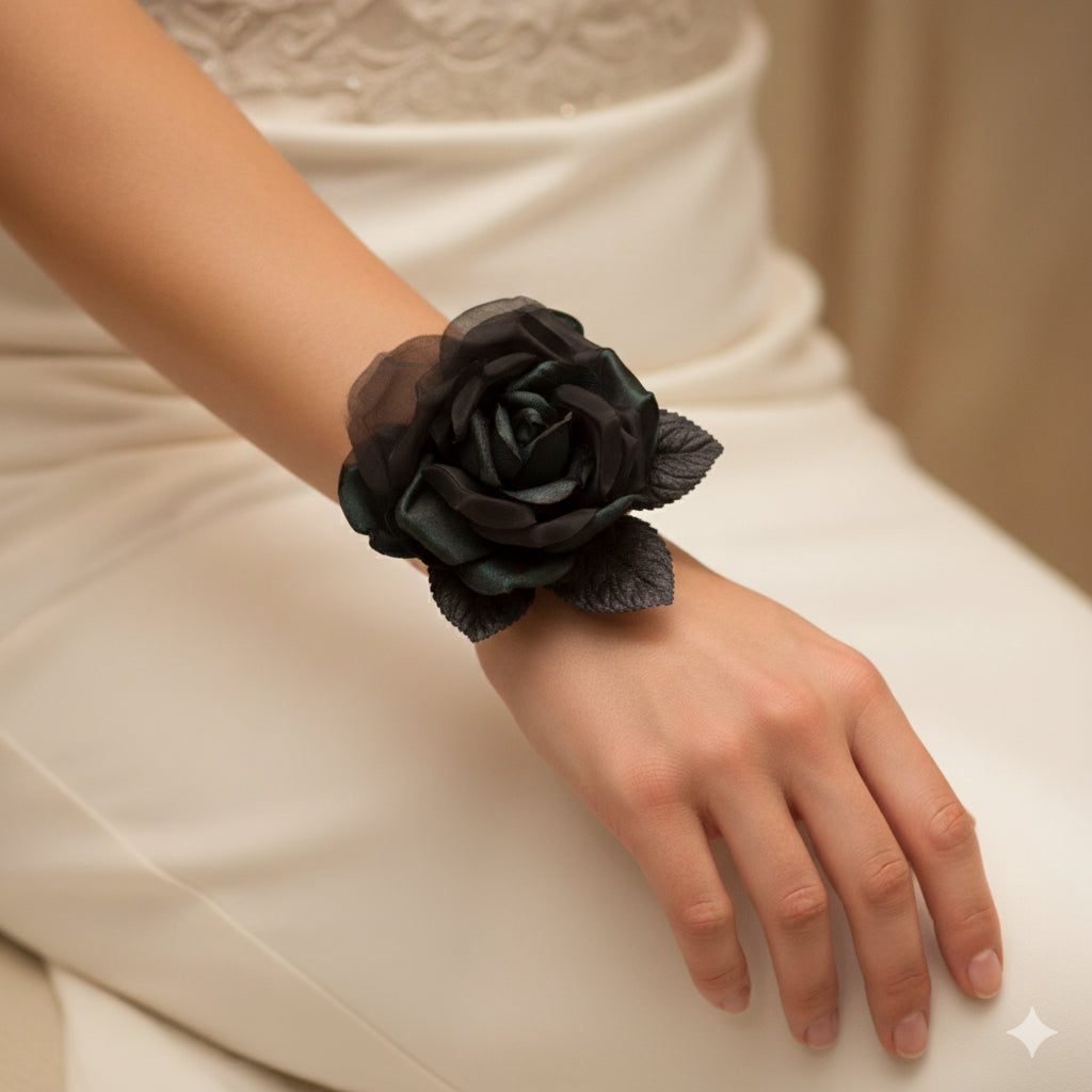 St John Black Silk Velvet & Organza Rose Pin & Clip, 4"