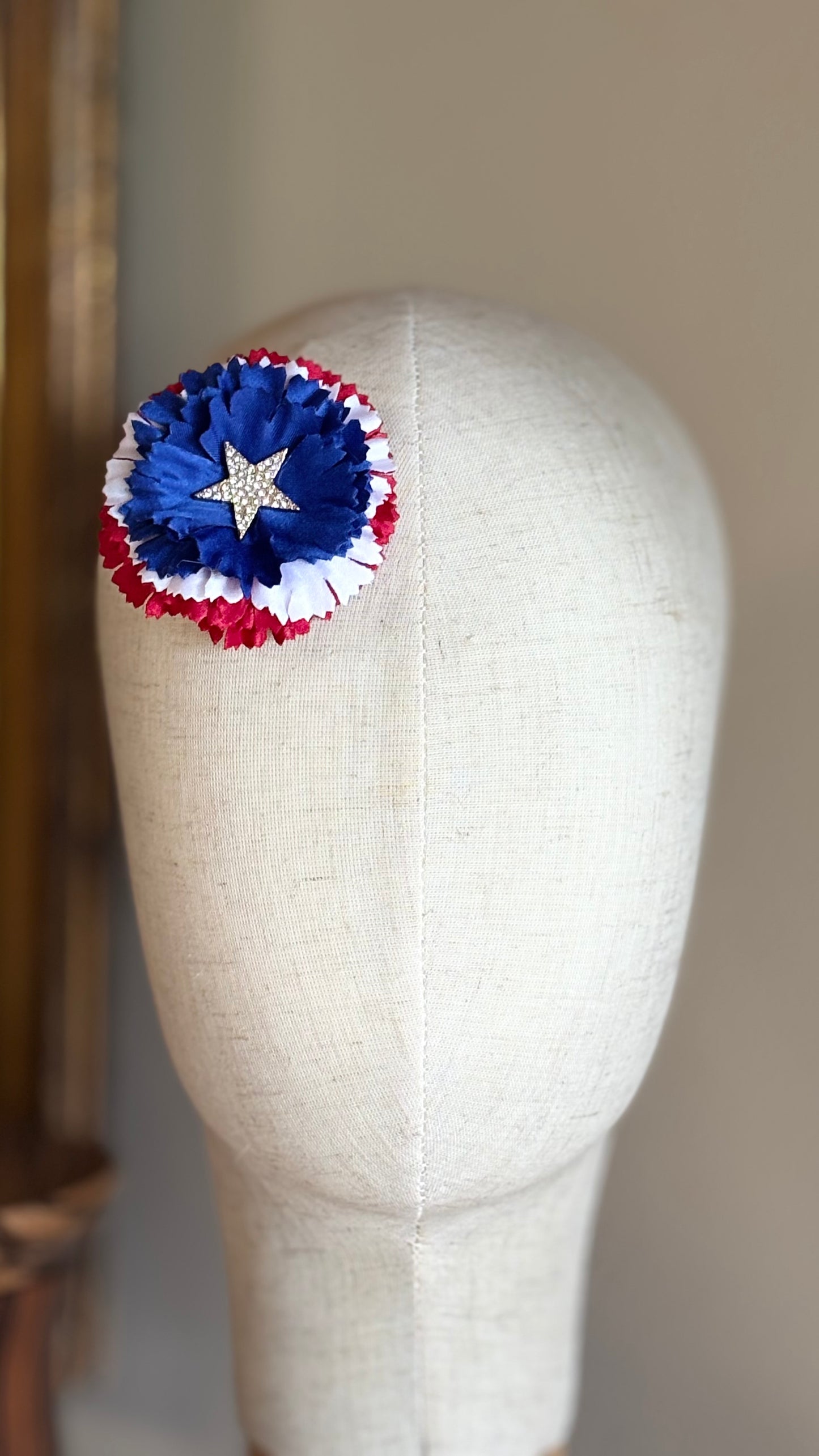 USA Classic Silk Carnation with Star Crystal Center. Both a Brooch & Clip. Size 3” Made in the USA. Clip into hair, onto necklace, dress, lapel, handbag & more.