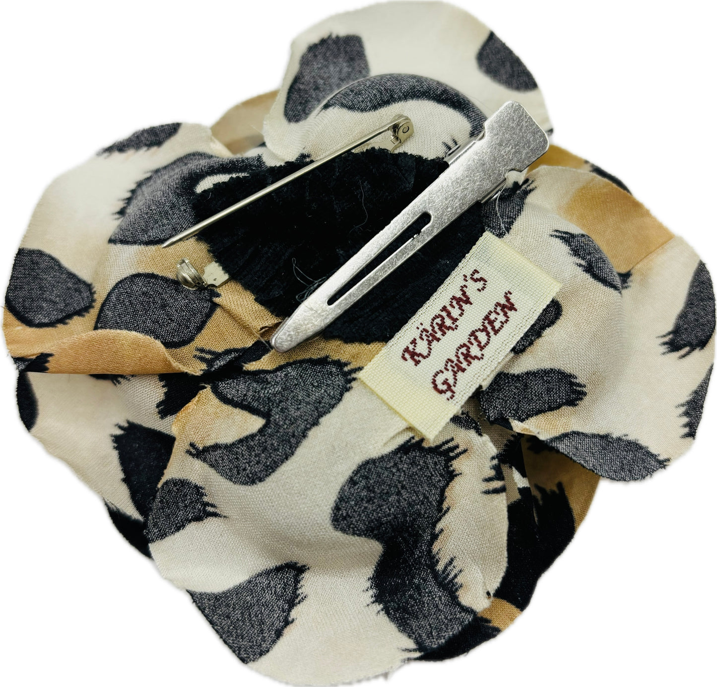 Silk Leopard Brown Tones Rose Brooch & Clip. 3.5" Karin's Garden. Clip into hair, onto dress, lapel, handbag and more.