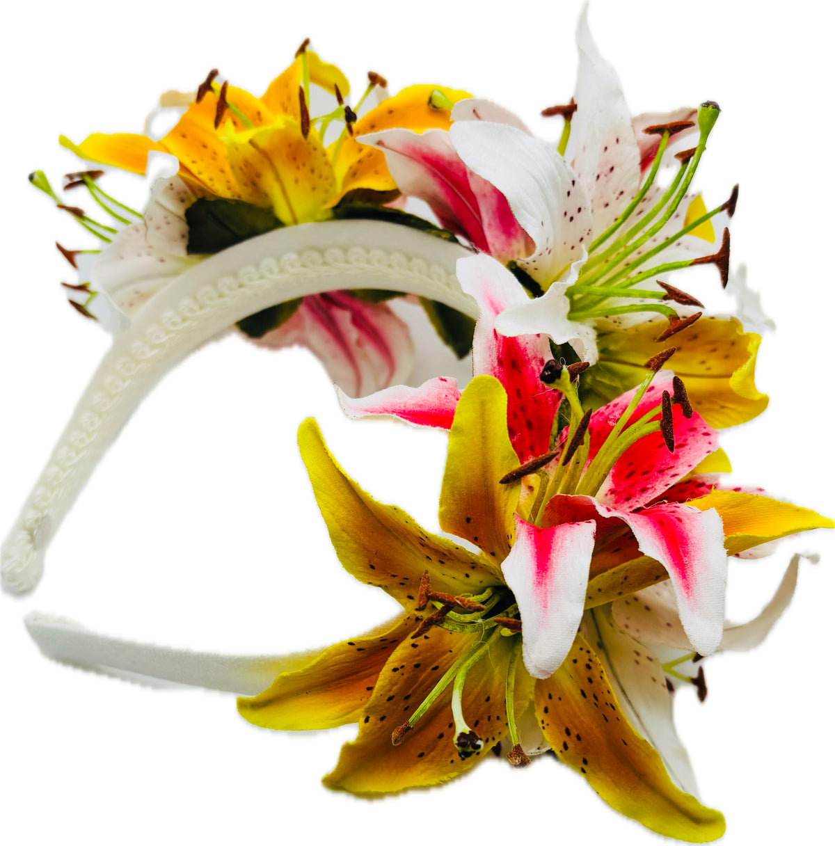 Martha Pink, White & Yellow Tiger Lily Crown Headband, 1"