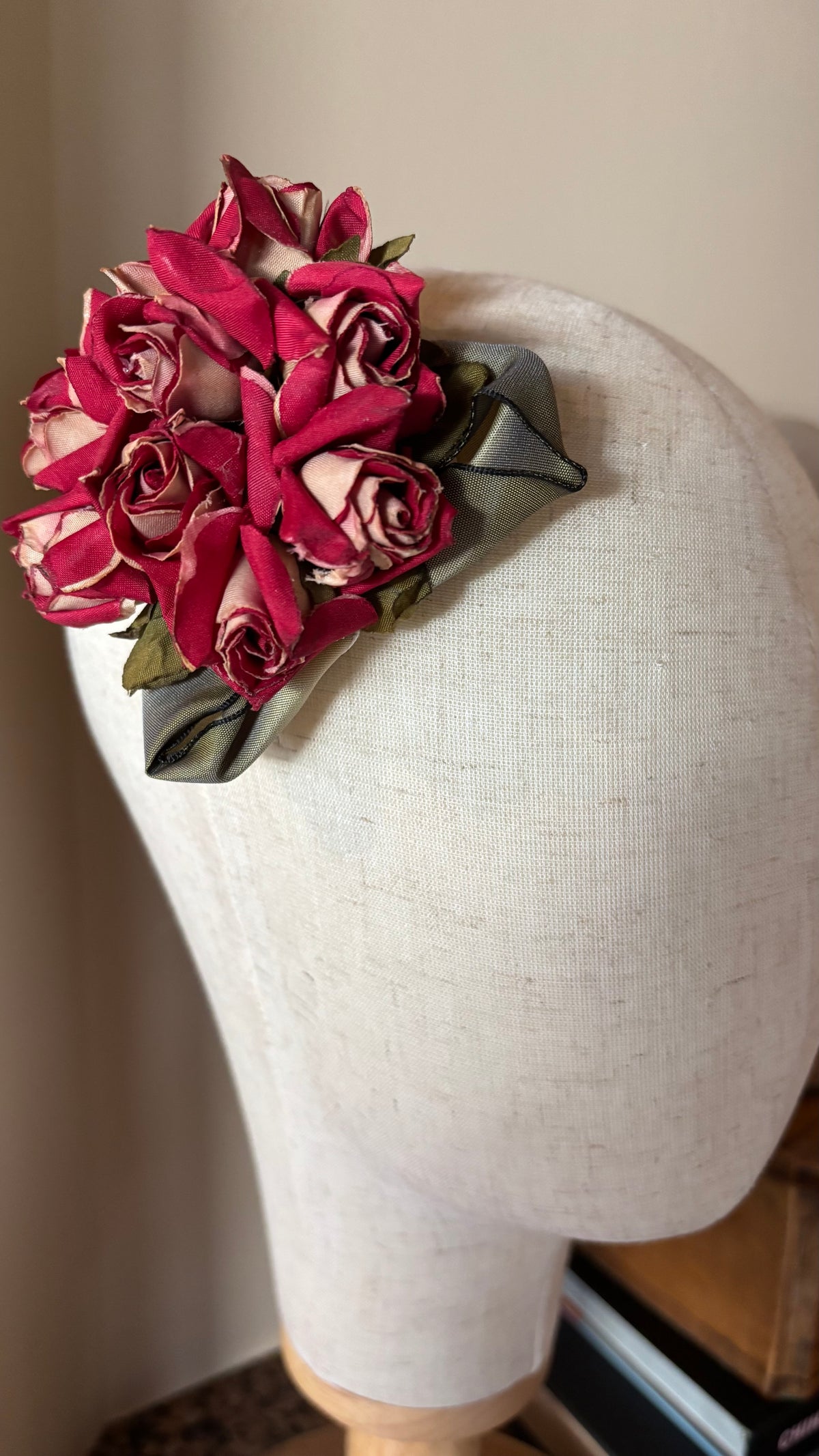 Mary Ellen Red & Taupe Rosebuds Brooch & Clip, 4"