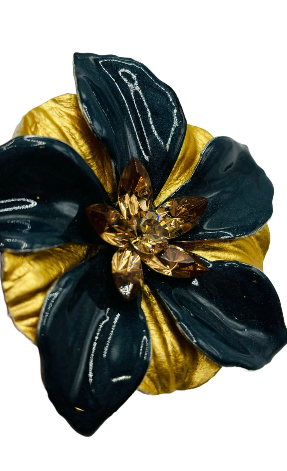 Leigh Navy & Gold Enamel, Leather & Crystal Brooch & Clip, 2.5"