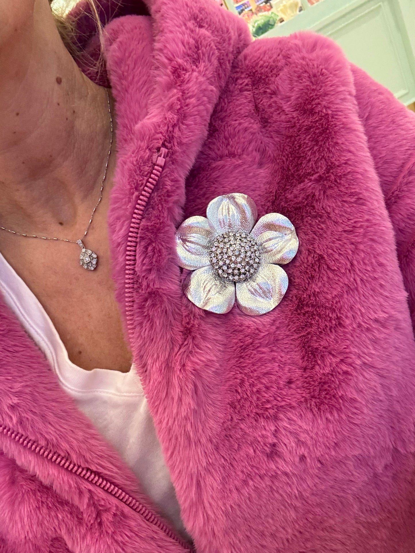 Karin's Garden 2 1/2" Danica Pink Glam Leather Crystal Daisy Pin & Clip. Crystal Center. Made in the USA with Love