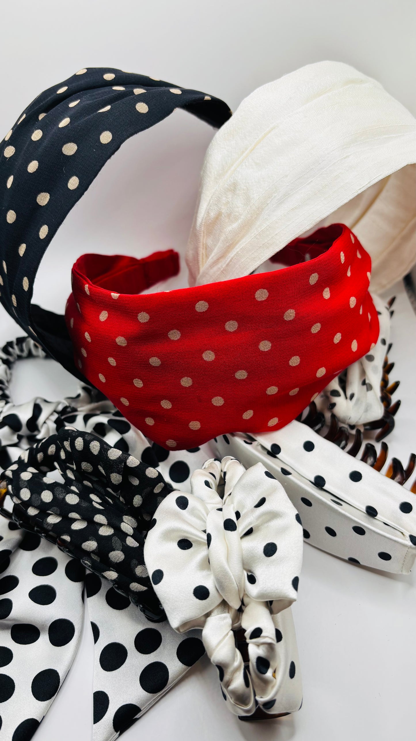 Karin's Garden 2 1/2"- 3" Red Classic Polka Dot Silk Scarf Headband. Handmade in the USA. Silk organza over silk dupioni.