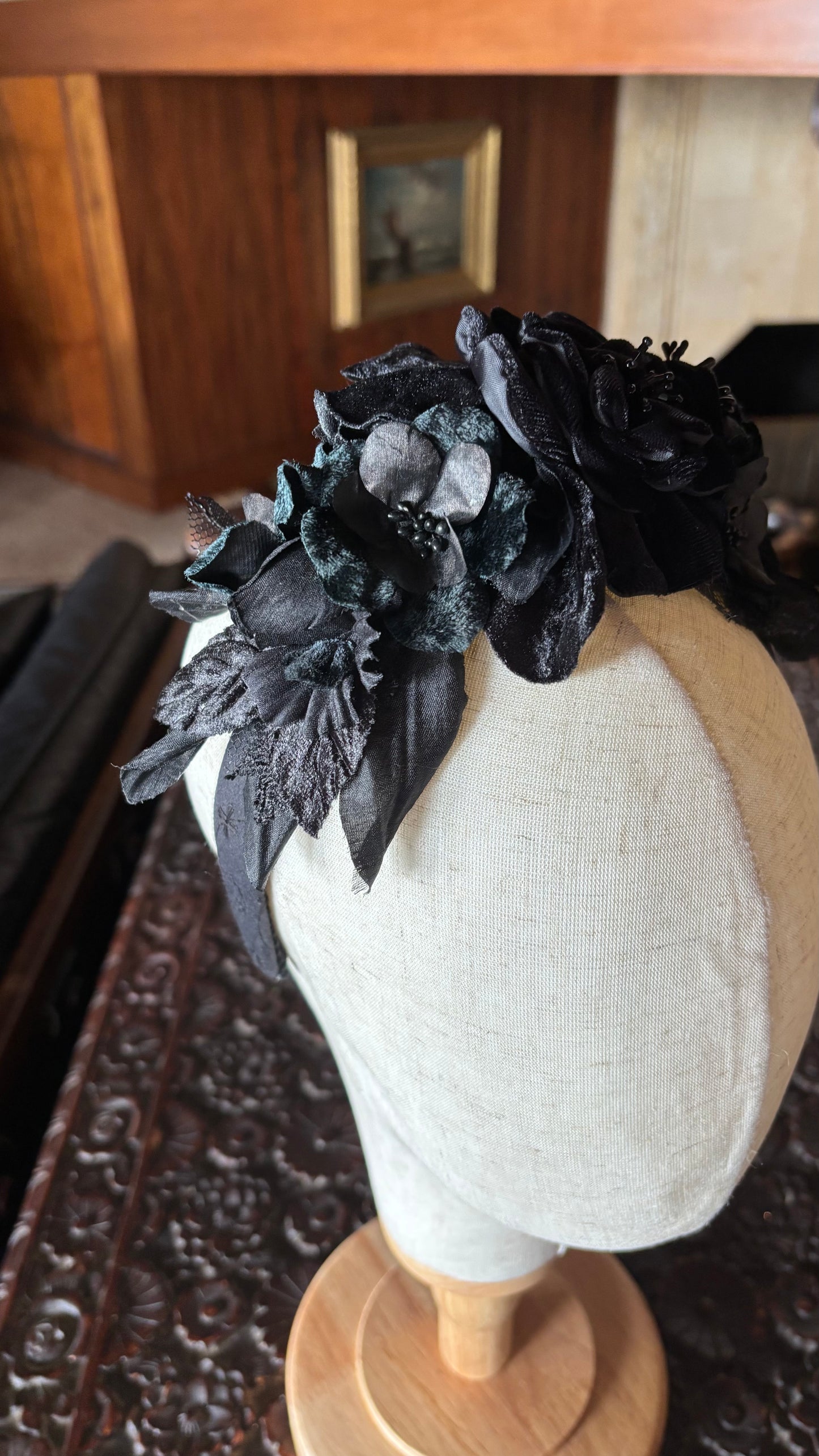 Night Fall Black Blooms Headband, 1" – One of a Kind