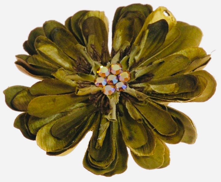 Fabric Flower Olive with Crystals Brooch & Clip. Karin's Garden 4" Zinnia. Handmade in the USA