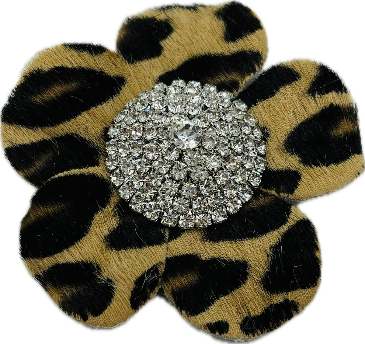 Samantha Mini Leopard Print Leather Clip with Crystal Center, 2.25"