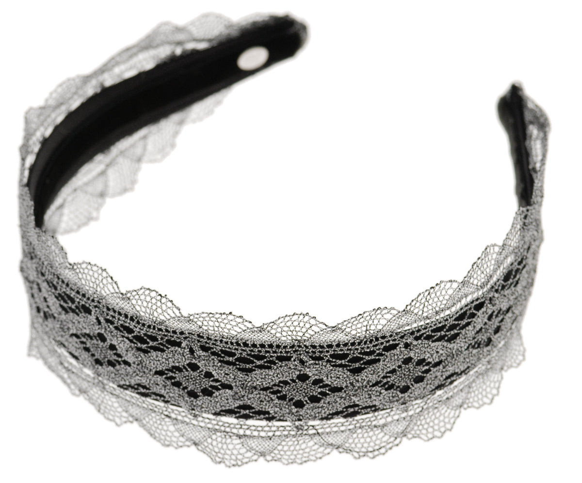 Silver Lace Headband over 1 inch black silk headband. Handmade in the USA. Fabric from France