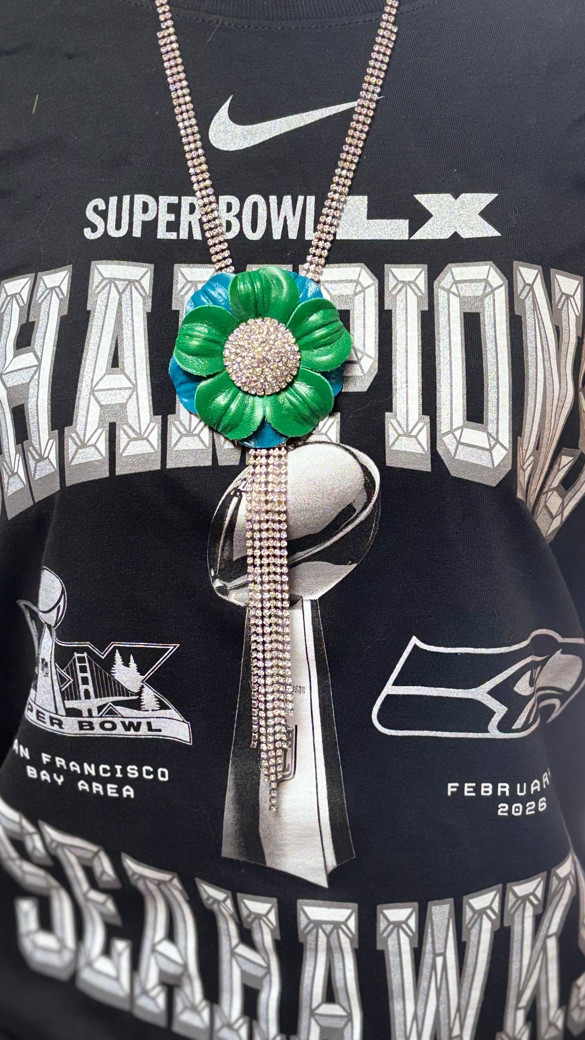 Seahawks White & Blue Petite Leather Crystal Flower Pin & Clip, 2.25"