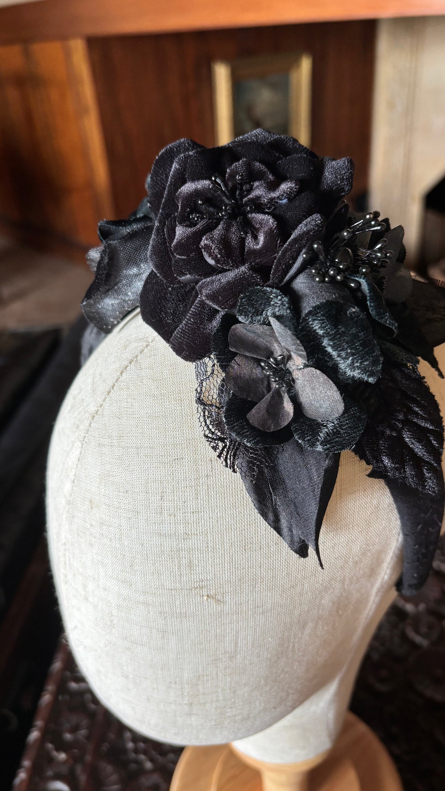 Night Fall Black Blooms Headband, 1" – One of a Kind