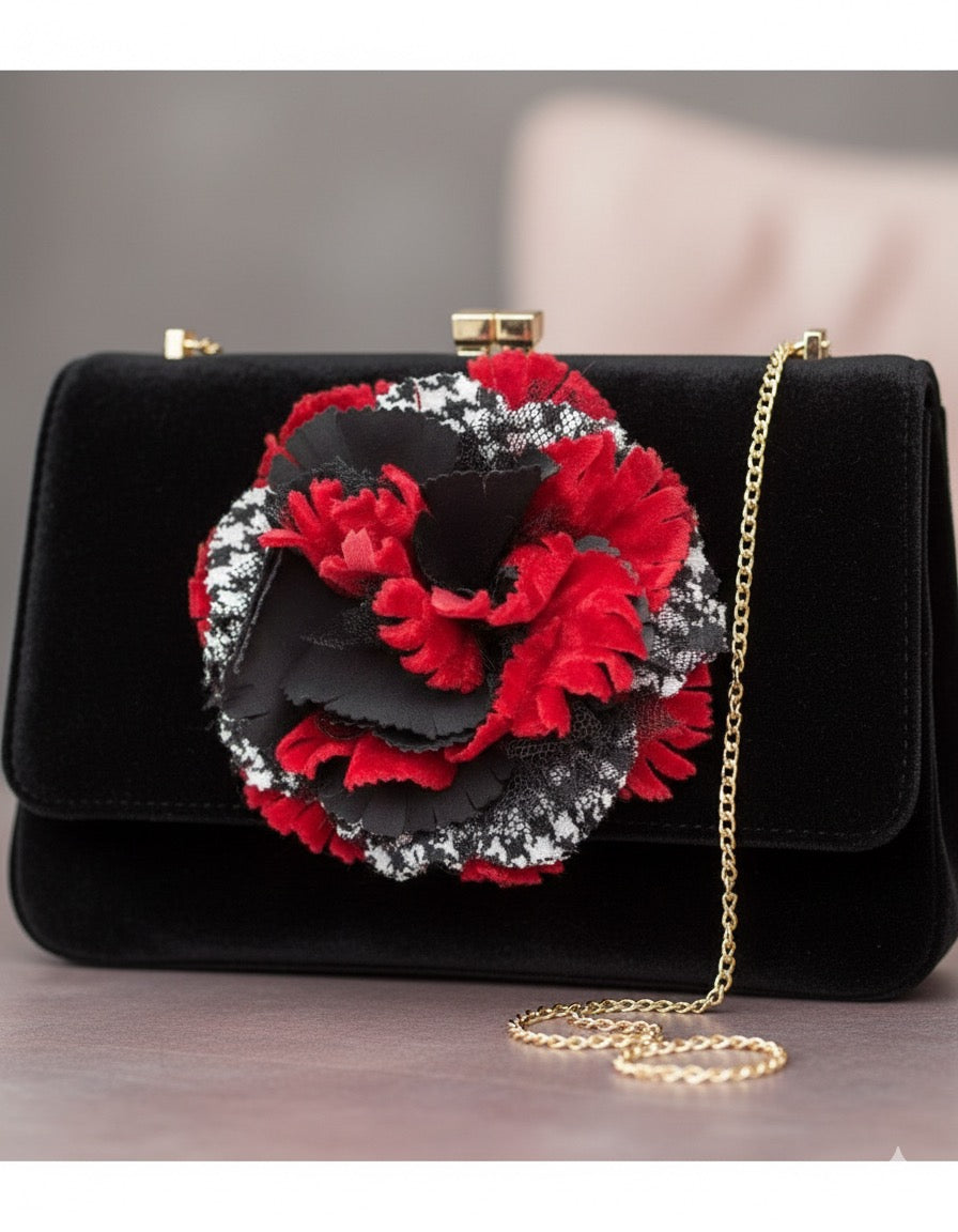 Brooke Red, White & Black Houndstooth & Lace Flower Pin & Clip, 3"