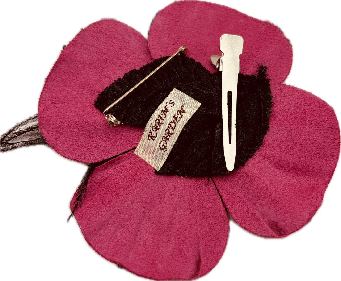 "Min" Leather Camellia & Ostrich Pink Brooch Clip. 4" Clip or Pin to Scarf, Into Hair, on lapel, dress, hat and more. Handmade in the USA.