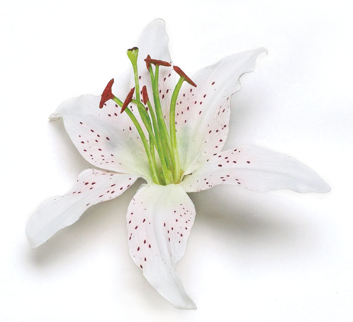white lily flower hair clip Karin's Garden Martha 3" White Life like Tiger Lily pinch clip. Wear in your Hair on your tropical vacation. Clip to your sundress, wristlet, handbag