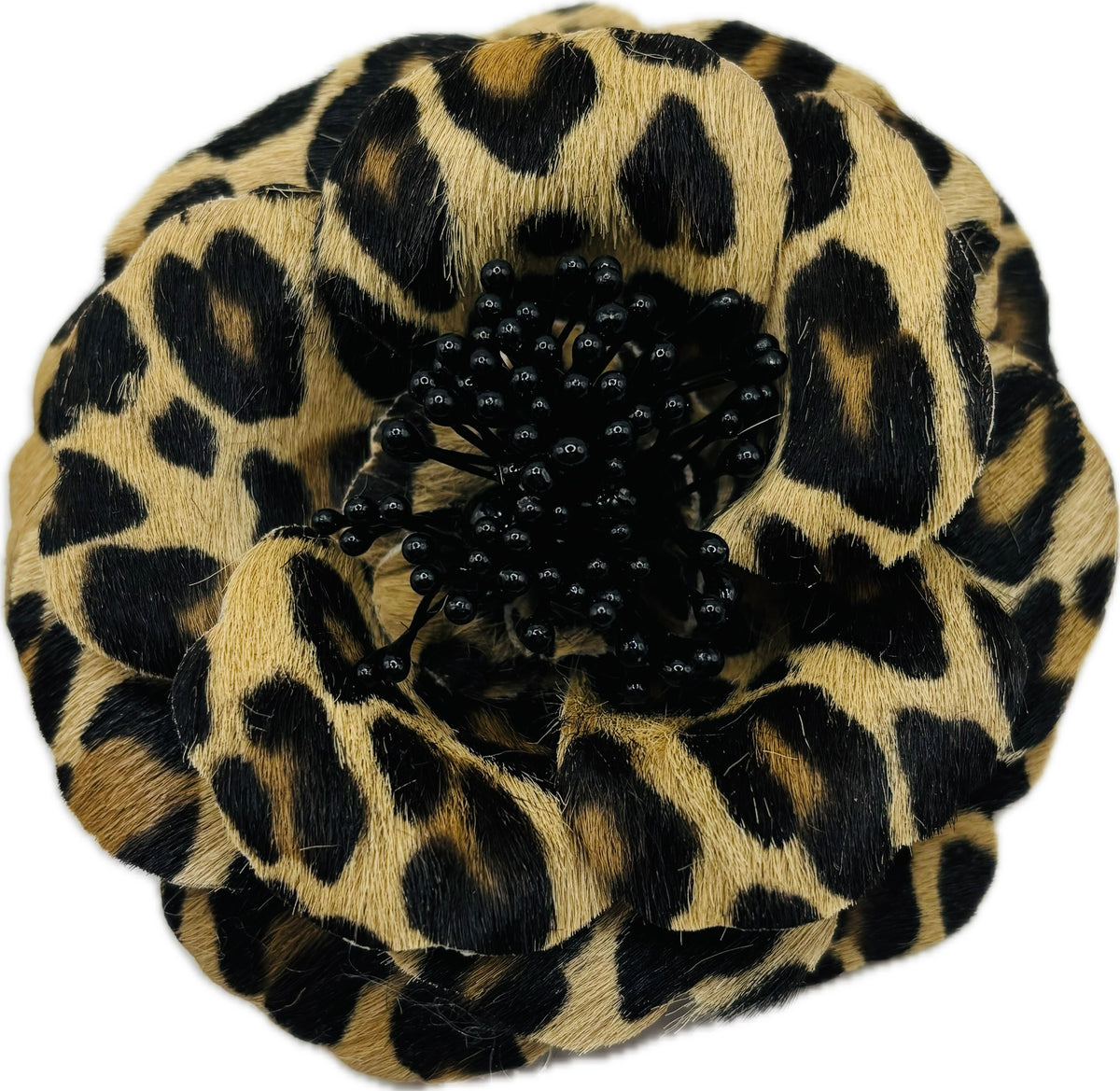 Samantha Leopard Print Leather Rose Brooch & Clip, 3"