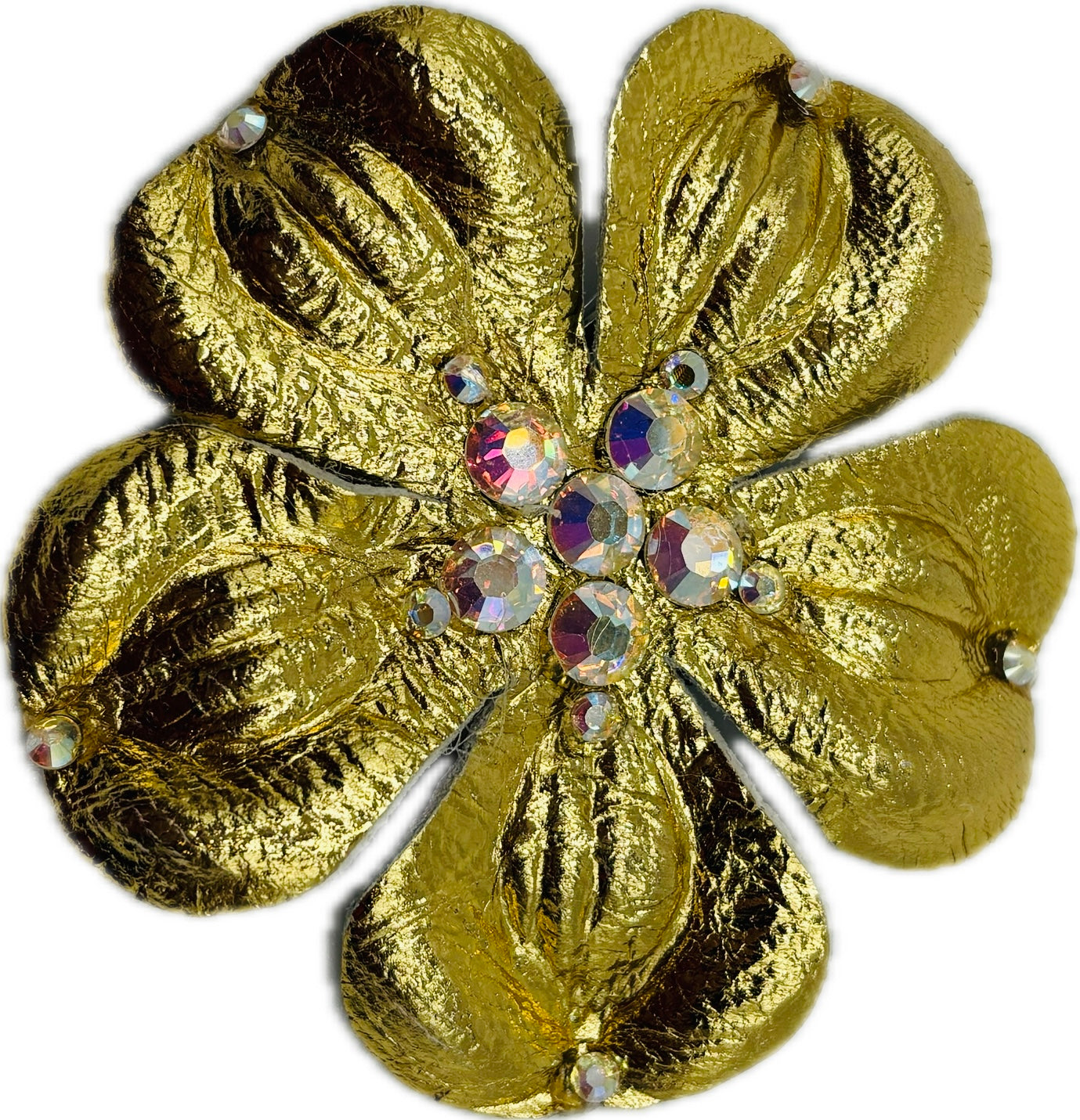 Nicole Gold Metallic Leather & Crystal Flower Pin & Clip, 2.5"