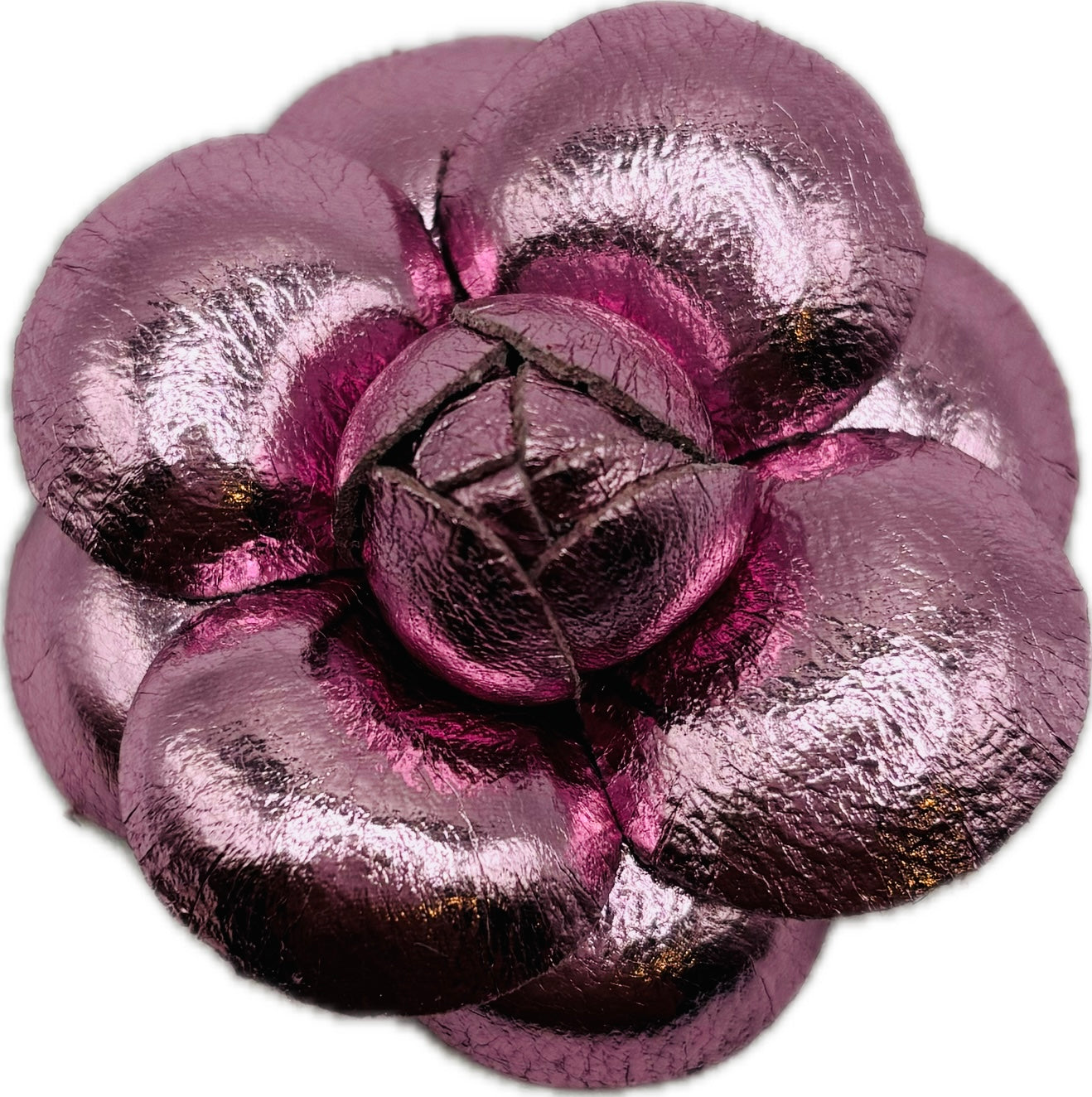 Susie Pink Metallic Leather Camellia Clip, 2"