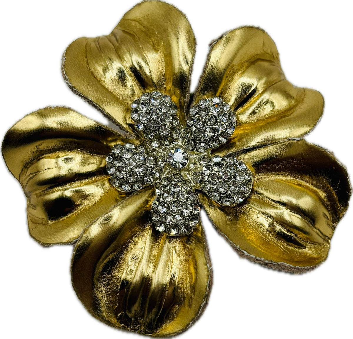 Claudette Gold Jeweled Leather Flower Clip, 2.25"