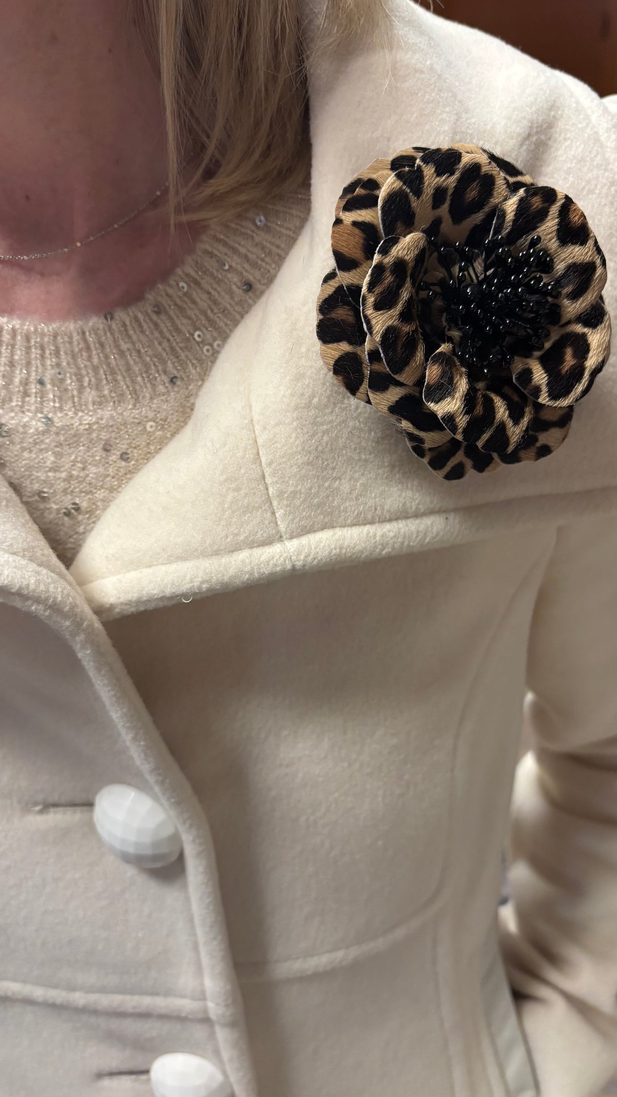 Samantha Leopard Print Leather Rose Brooch & Clip, 3"