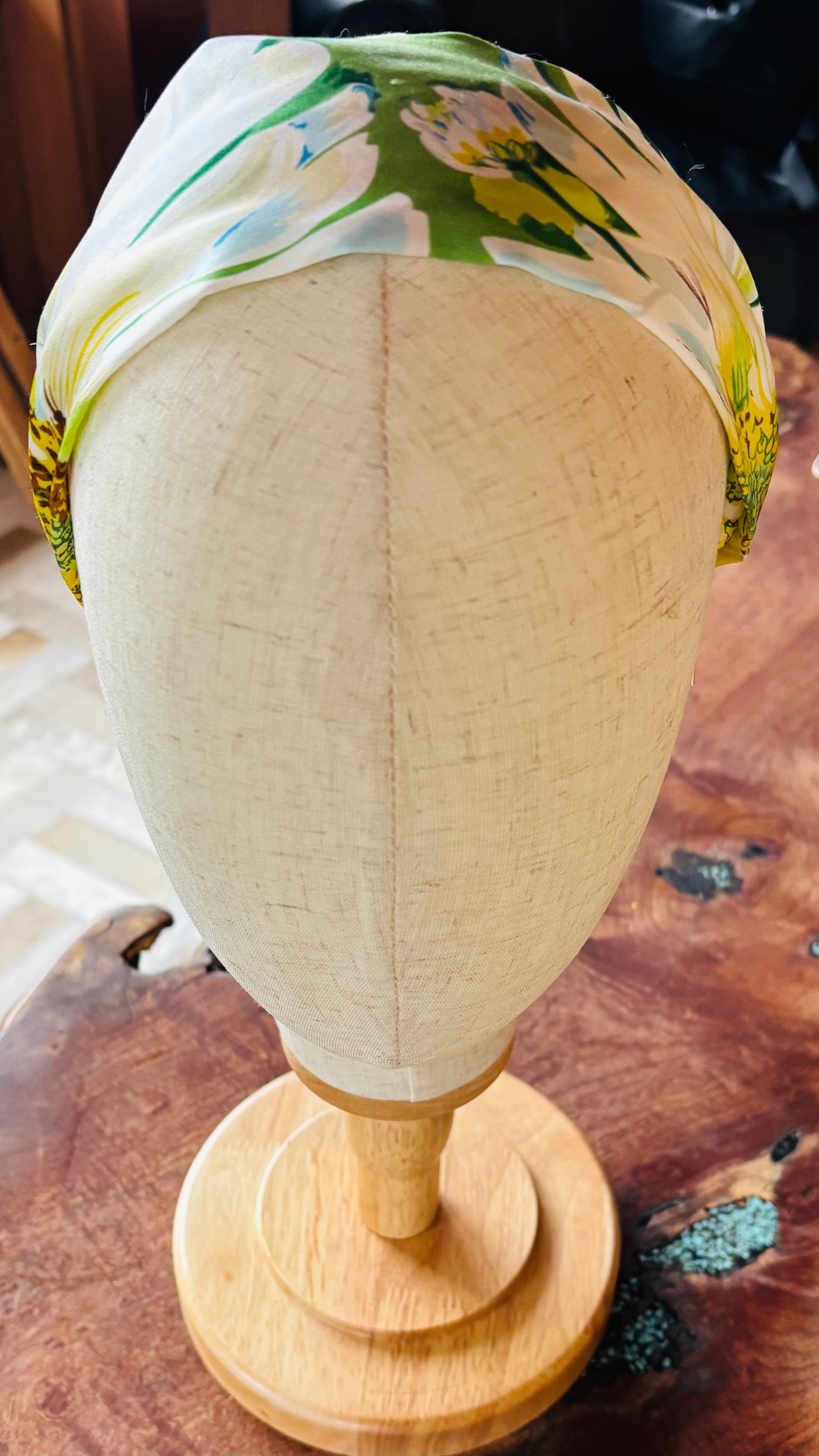 Blue White & Green Daisy Silk Floral Scarf Headband. Karin's Garden 2.5-3" Handmade in the USA.