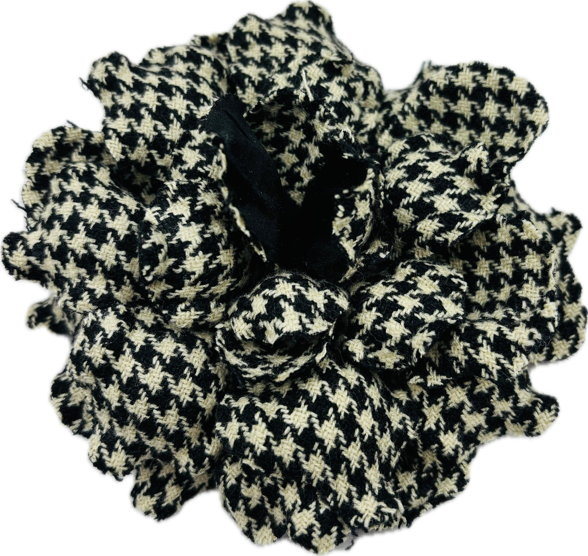 Elspeth Black & White Wool Plaid Gardenia Brooch & Clip, 4"