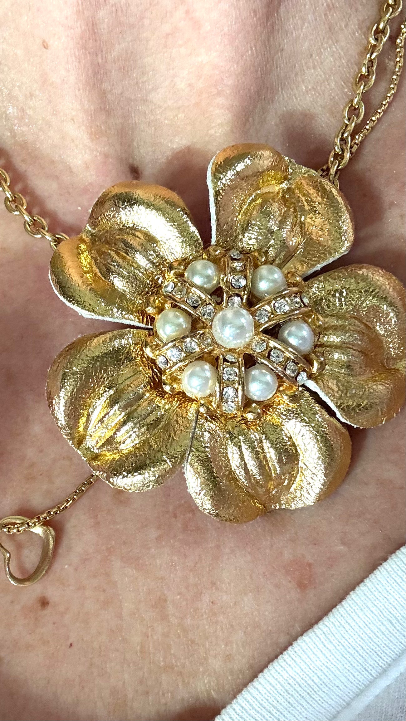 Hepburn Gold Leather Flower with Pearls Pin & Clip, 2.5"