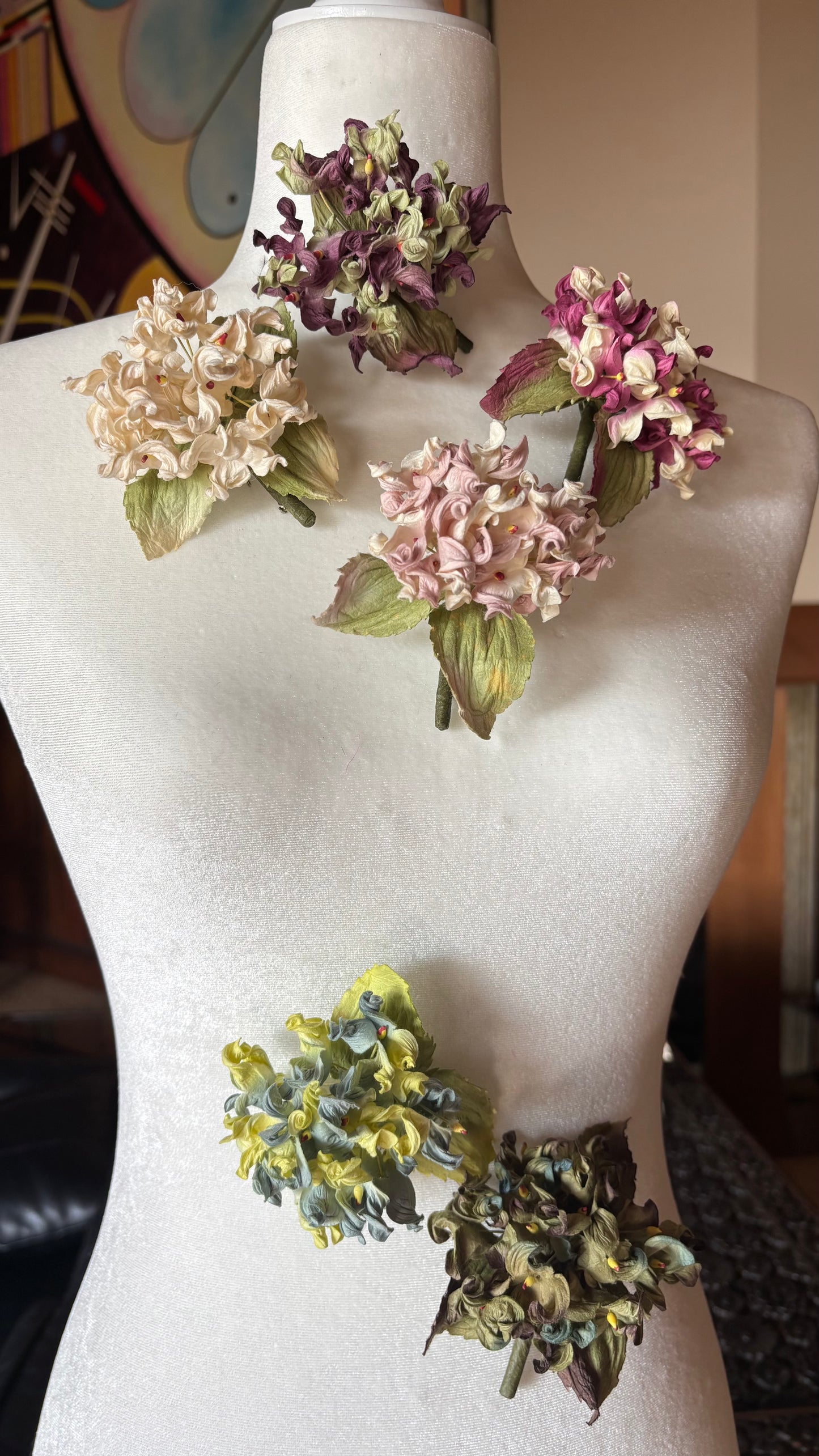 Ivy Antique Blue & Taupe Hydrangea Brooch, 4"