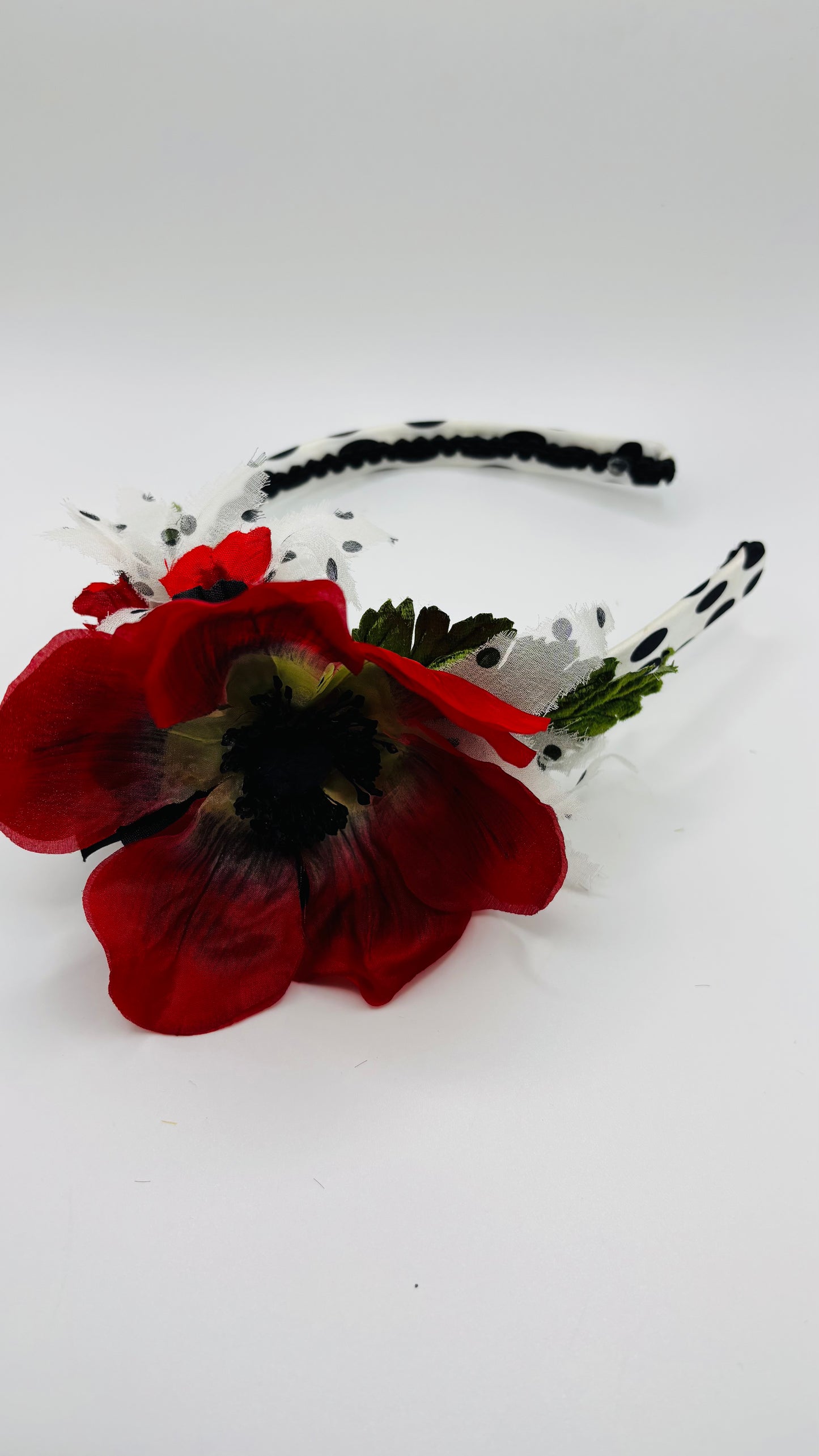 Karin's Garden "Poppi-Spot” 3/8” Black & White Silk Charmeuse Comfort Fit Non Slip Headband. Limited Edition Only one available. Handmade in the USA.