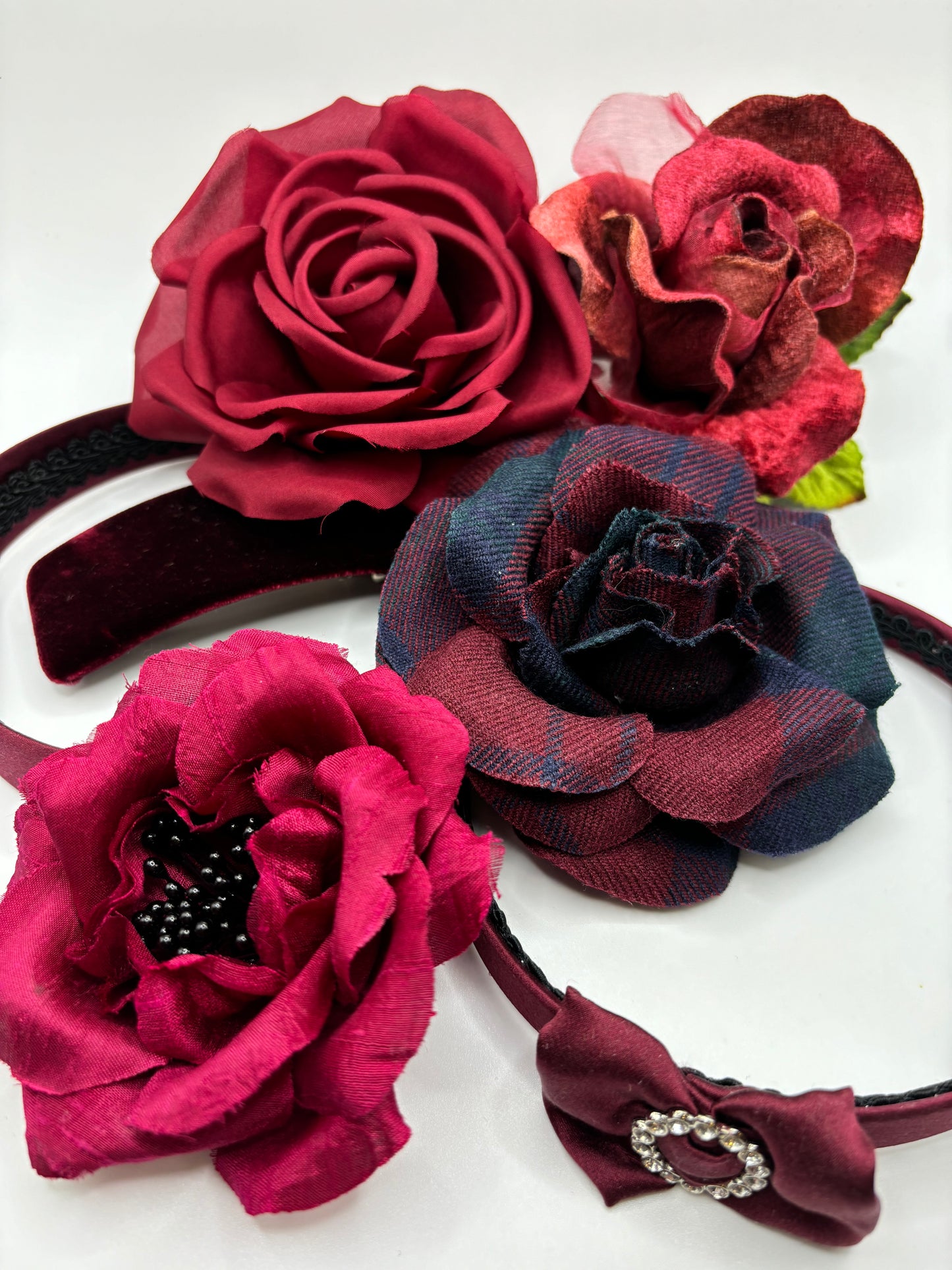 "Anna" Burgundy 4" Wool Plaid Classic Rose Pin & Clip Duo. 100% Wool from England