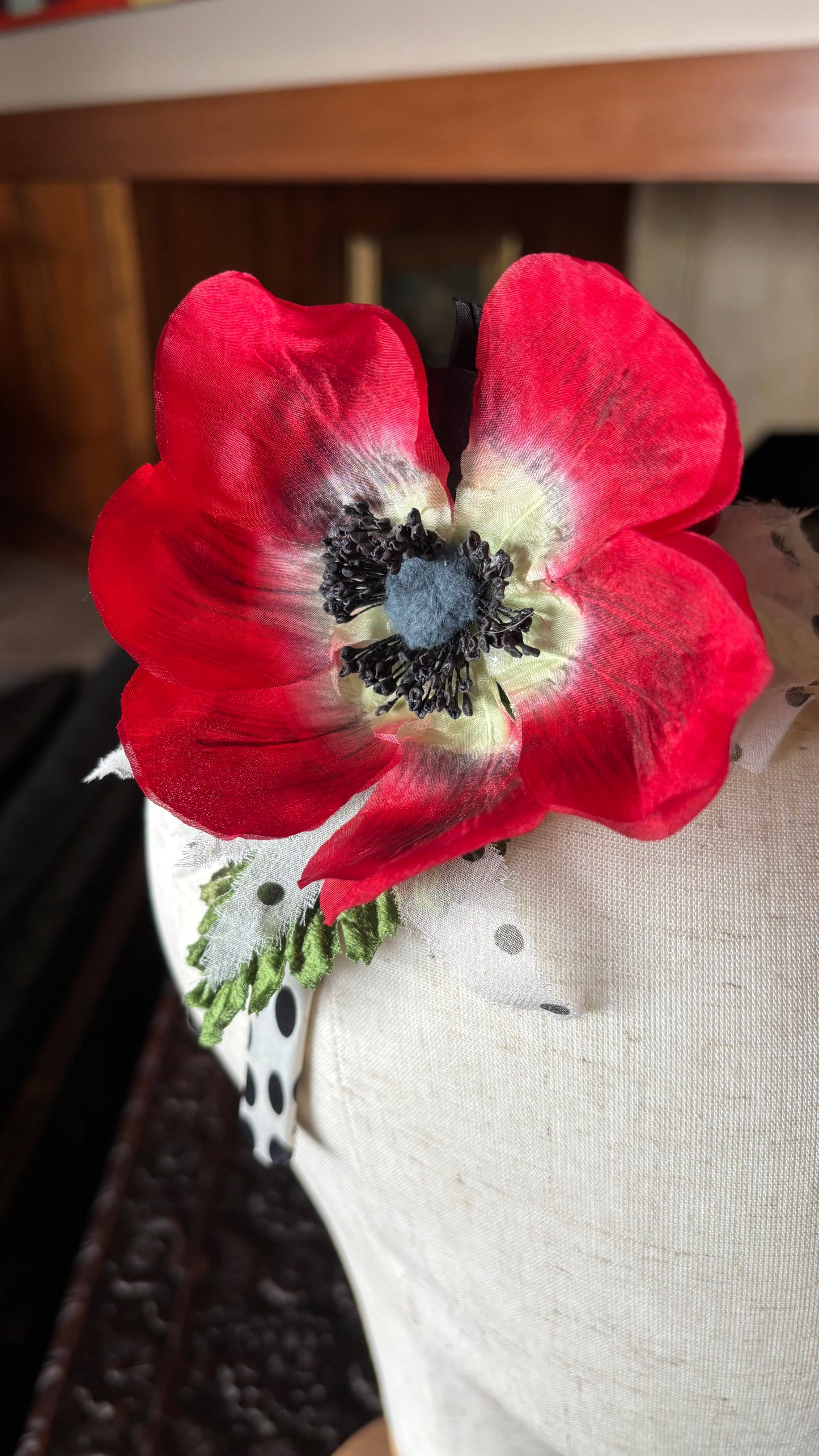 Vintage Poppy One-of-a-Kind Black & White Silk Headband, 3/8"