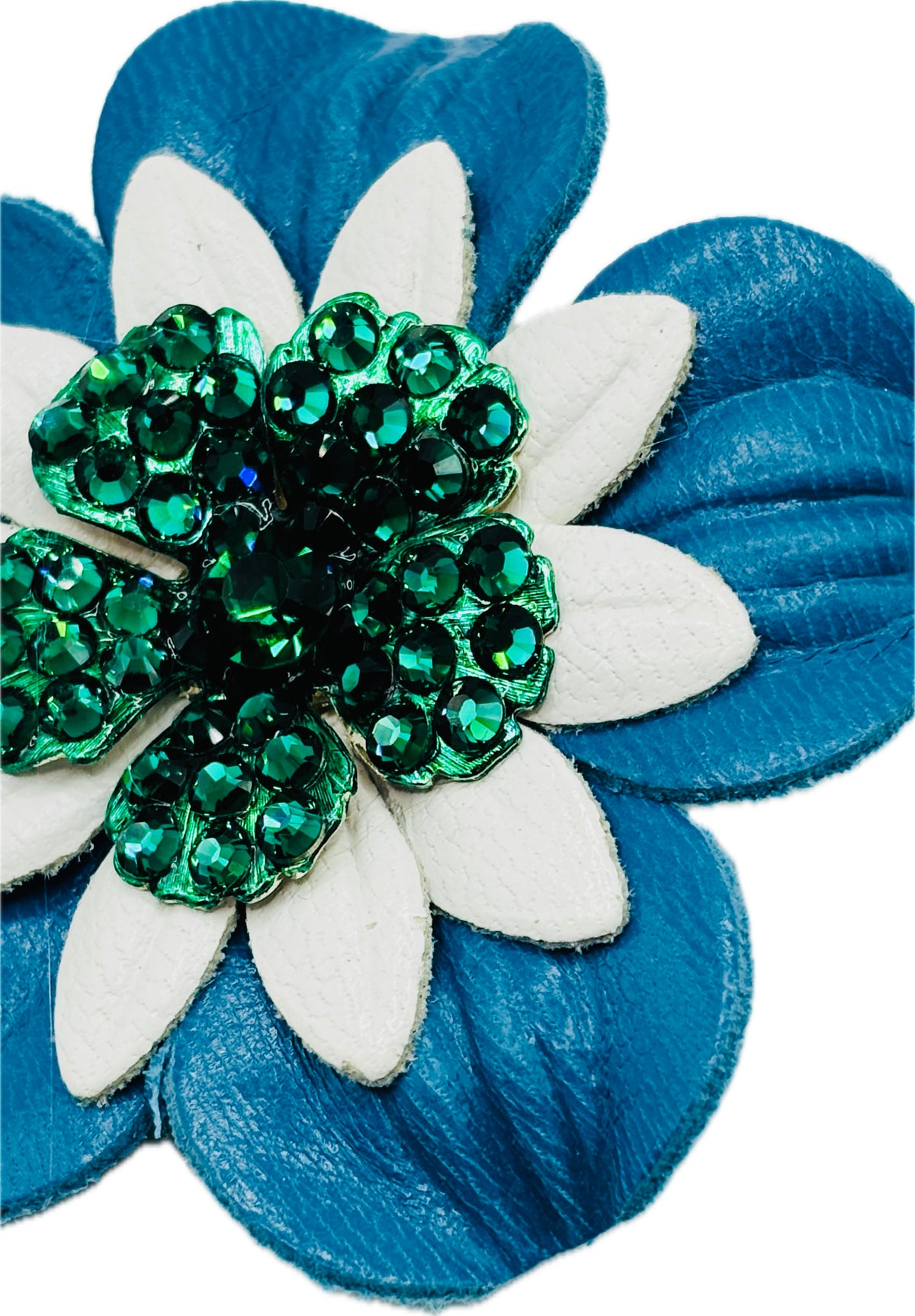 Seahawks Petite Leather Flower Pin & Clip with Green Crystals, 2.25"