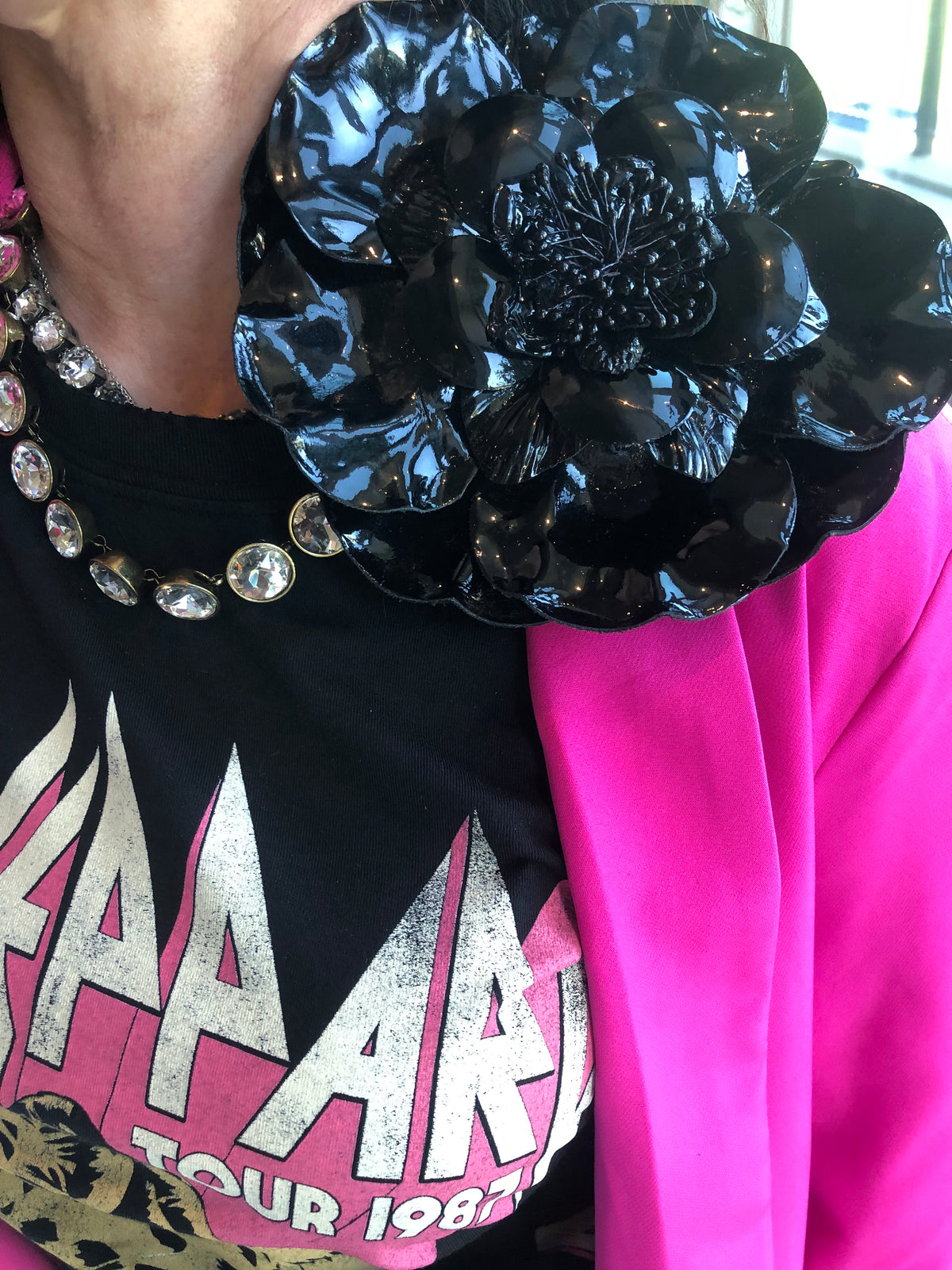Black Patent Leather Cabbage Rose Pin & Clip, 10"