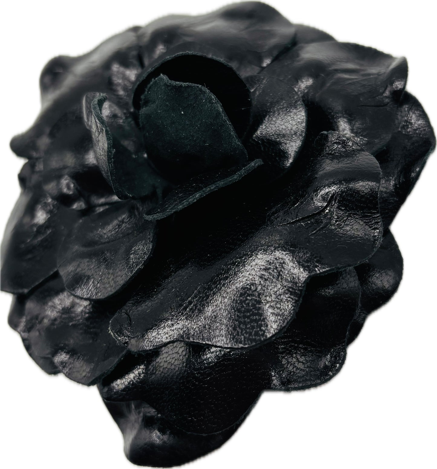 Black Genuine Leather Camellia Pin & Clip, 4" – Limited Edition