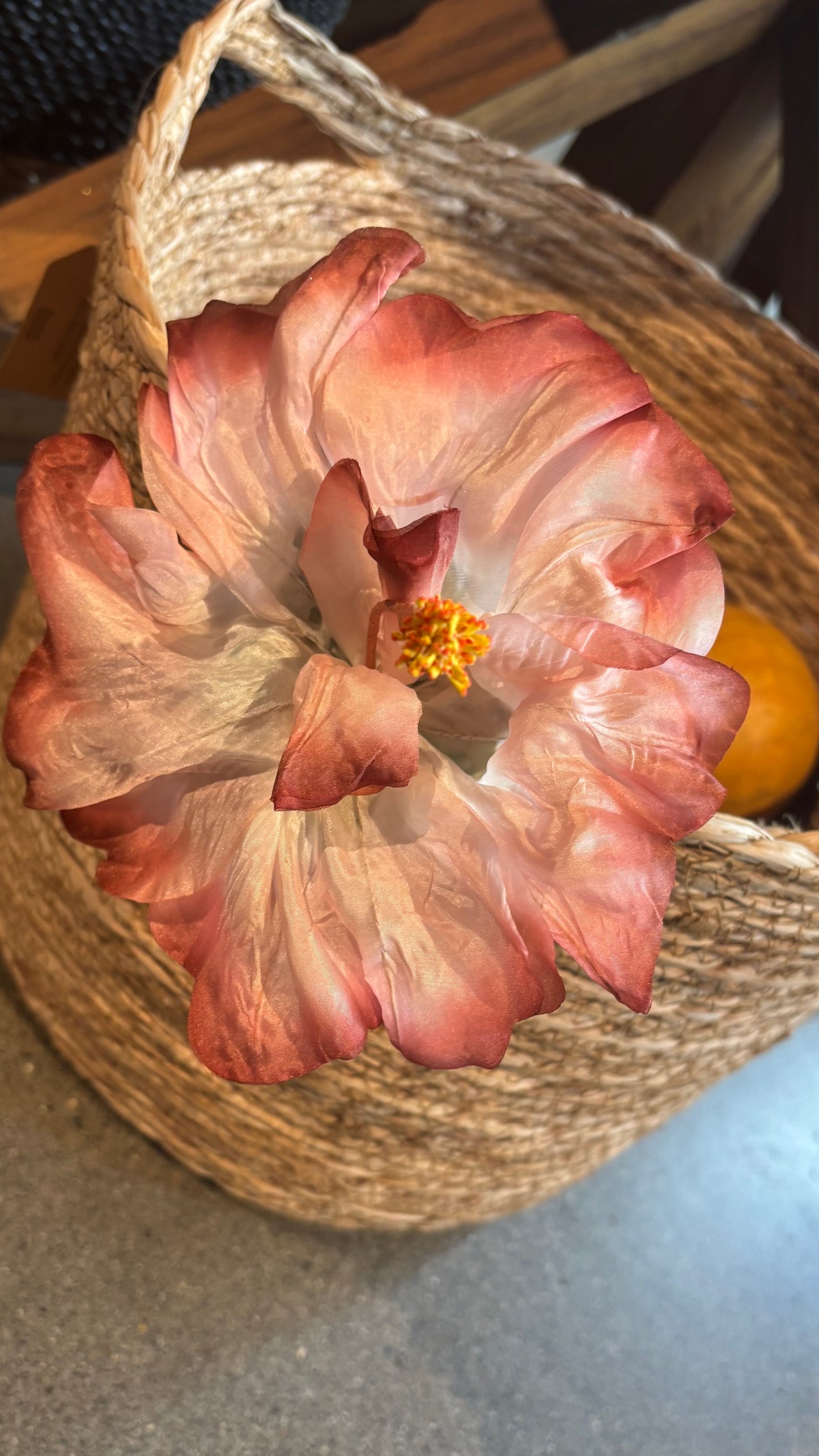 "Caterina" Vintage German Terra Cotta Ivory Silk GDR Hibiscus 6" Reimagined Mid-Century Brooch & Clip Duo. For your sundress, handbag, hat & lapel.