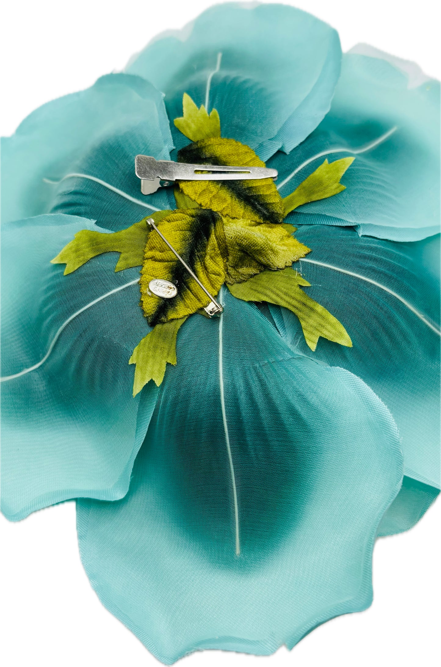 Karin's Garden 9" "Olga" Silk & Satin Blend Turquoise & Aqua Rose Brooch Pin & Clip.
