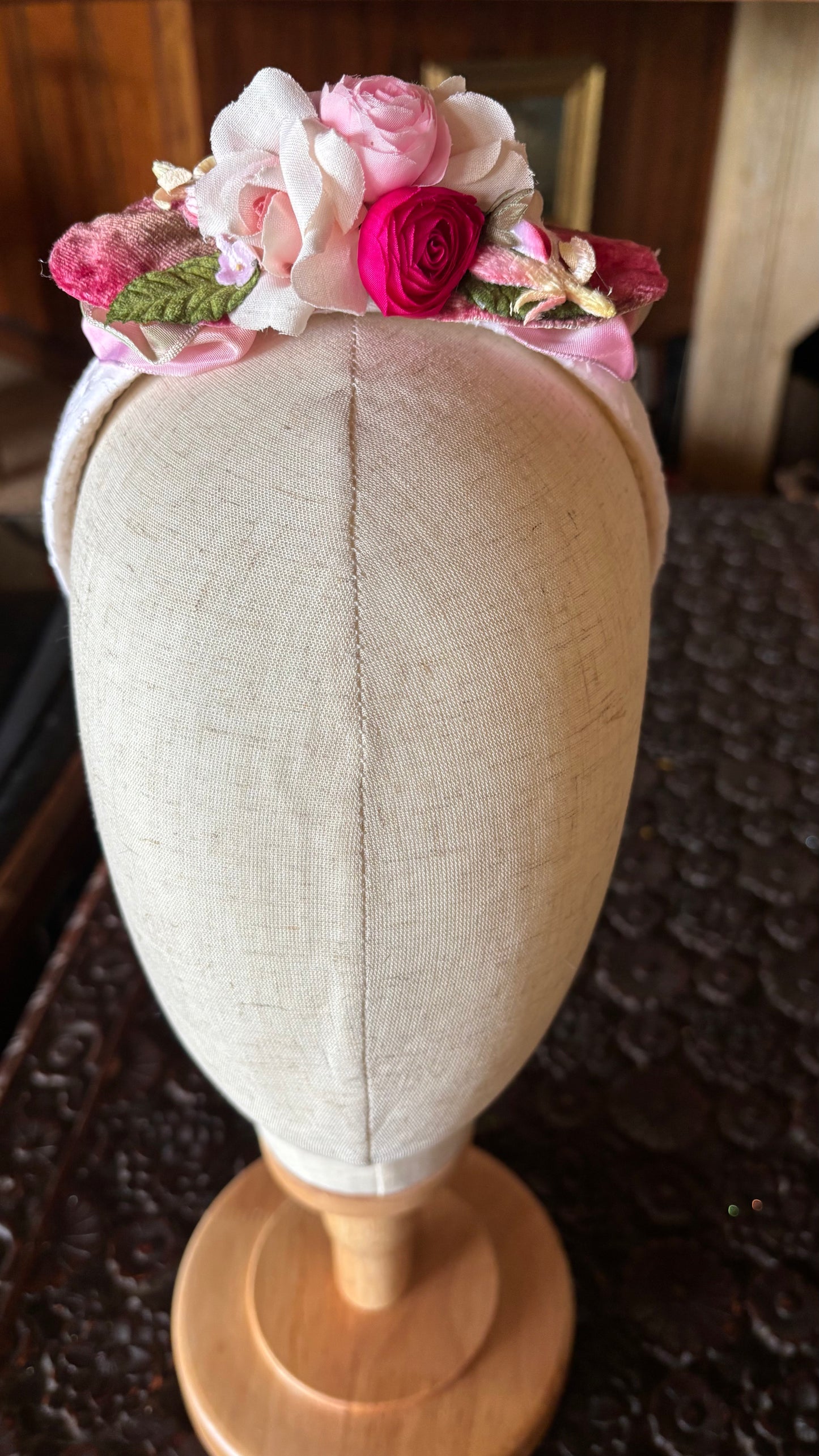 Karin's Garden "Pink Fizz” White Floral Embroidered 1” Comfort Fit Non Slip Headband. Limited Edition Only one available. Handmade in the USA.