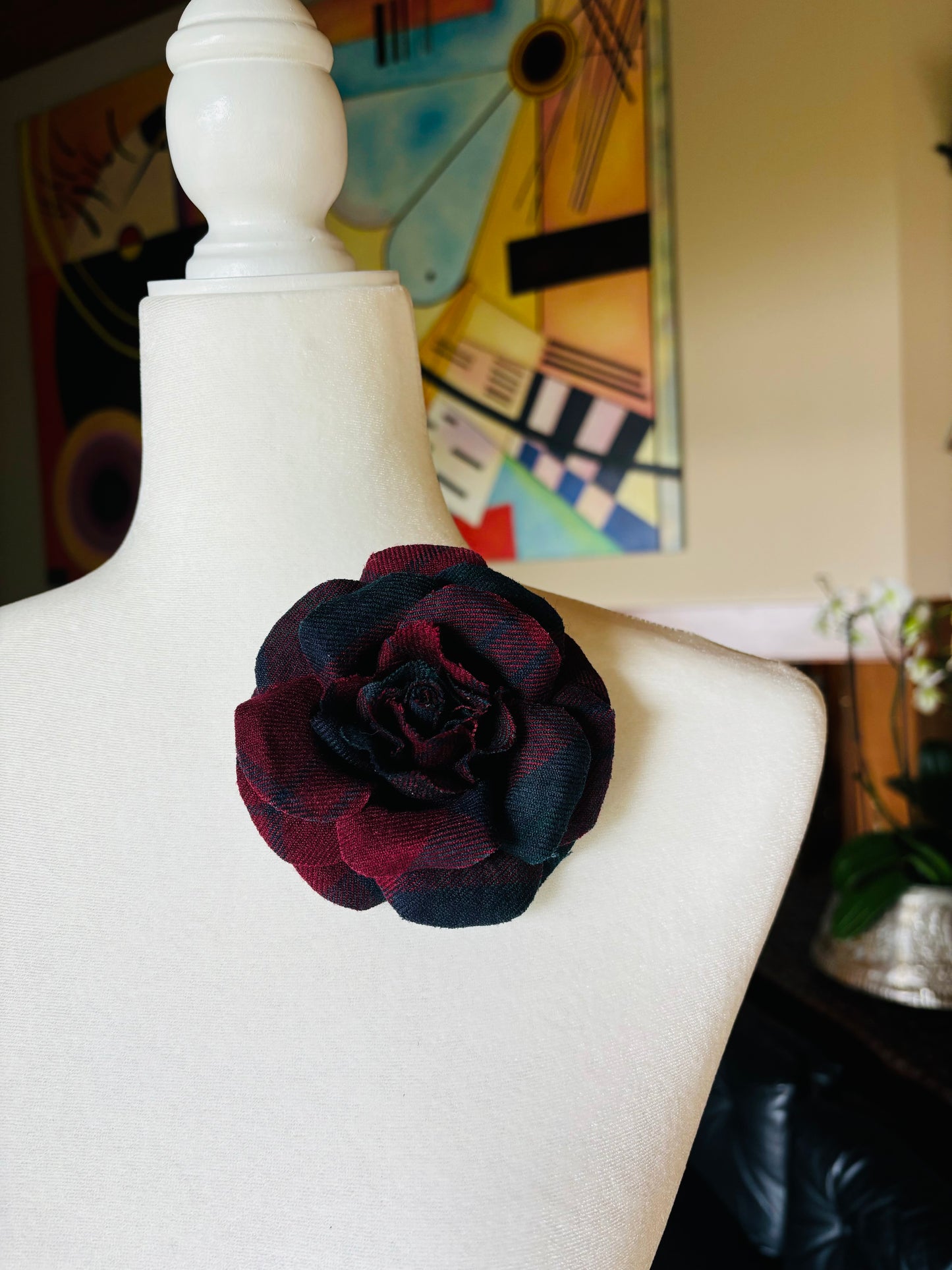 Anna Burgundy Wool Plaid Rose Pin & Clip, 4"