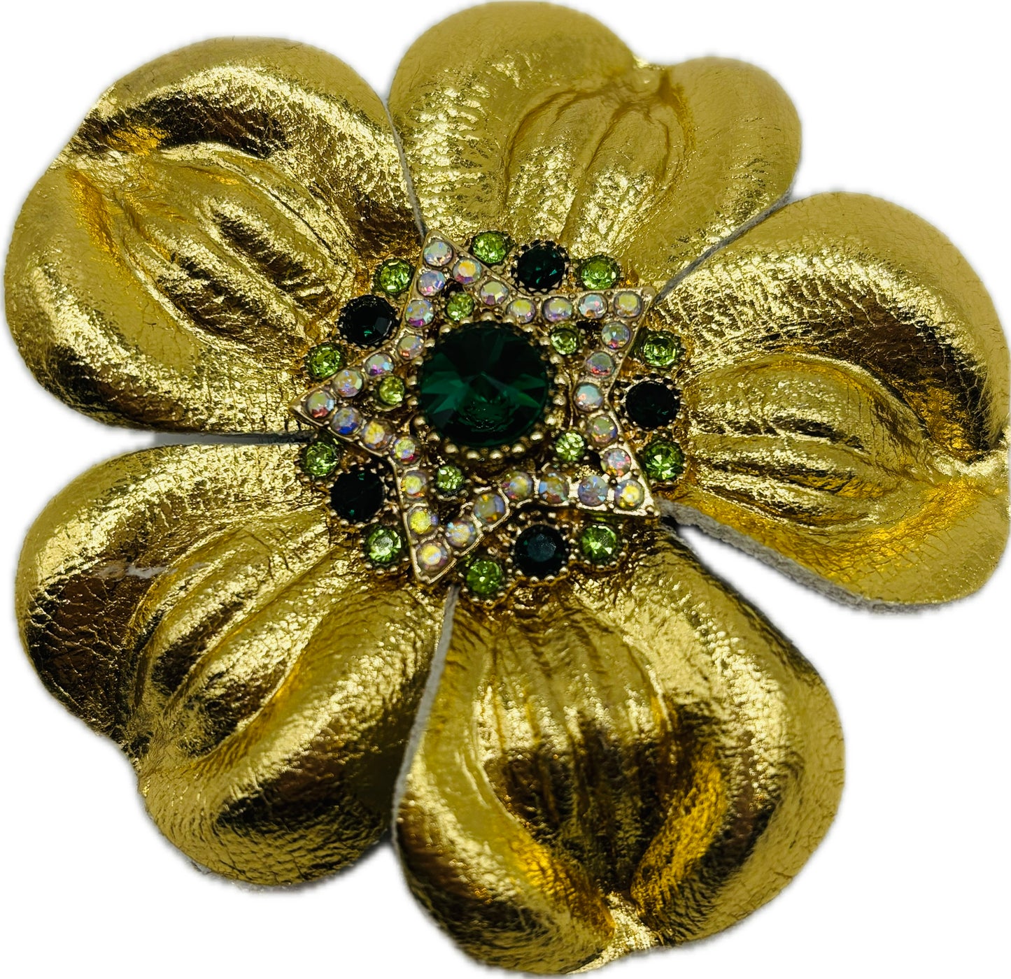 Big Sky Rodeo Glam Gold & Green Leather Crystal Star Pin & Clip, 2 1/2"