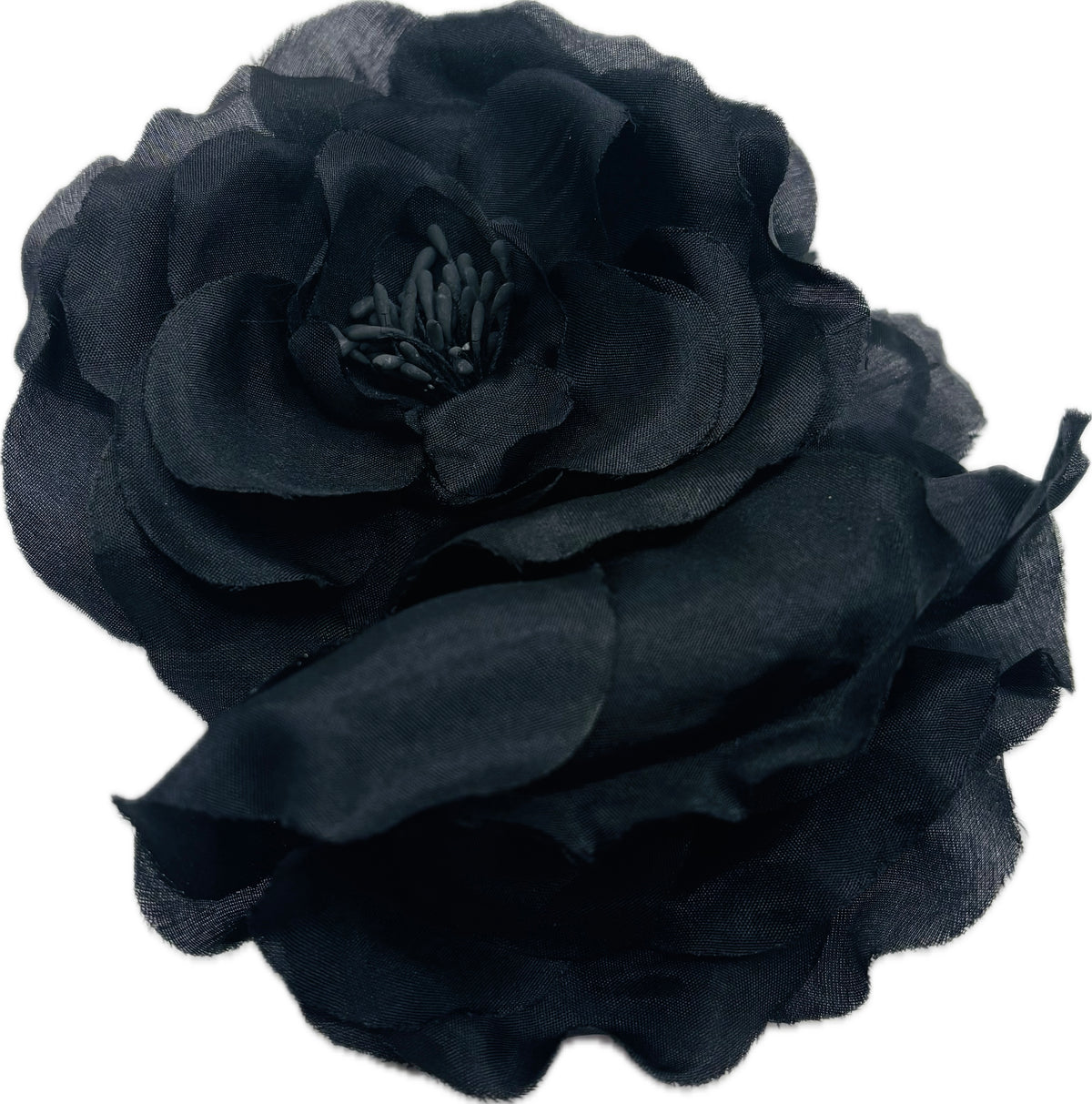 Bianca Black Silk Double Rose Brooch & Clip, 4.5"