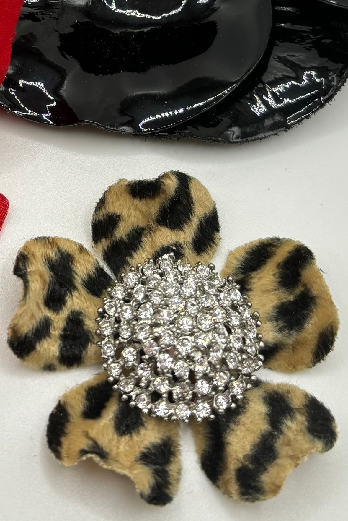 Faux Leopard Print Petite Flower Pin & Clip with Crystal Center, 2.25"