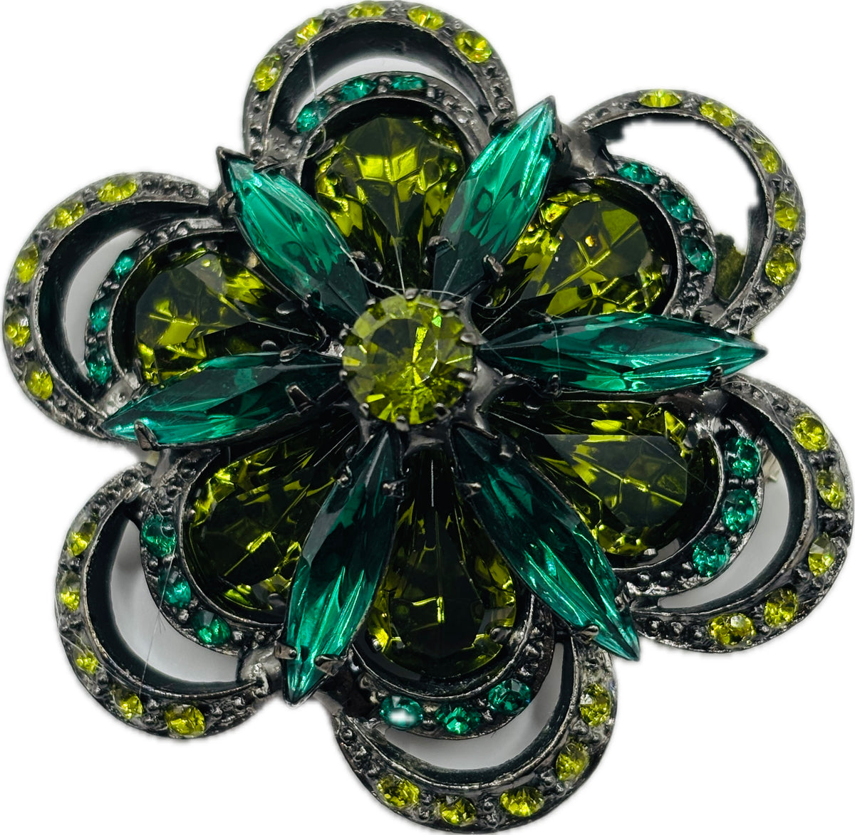 Mae Green Jeweled Brooch, 1.75"
