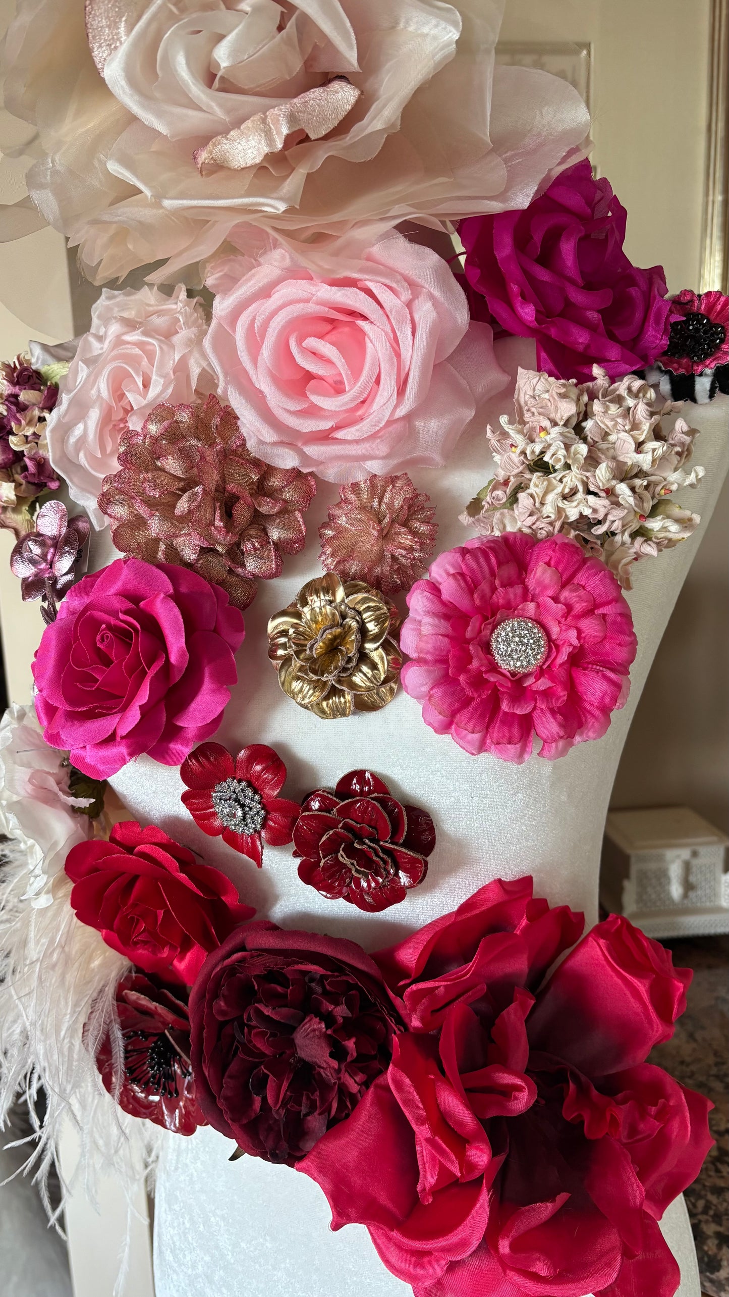 “Dahlia Doll" Fuchsia & Crystal Brooch and Clip. Pin or Clip into Hair, onto necklace, onto wristlet, on handbag, hat, lapel and more.