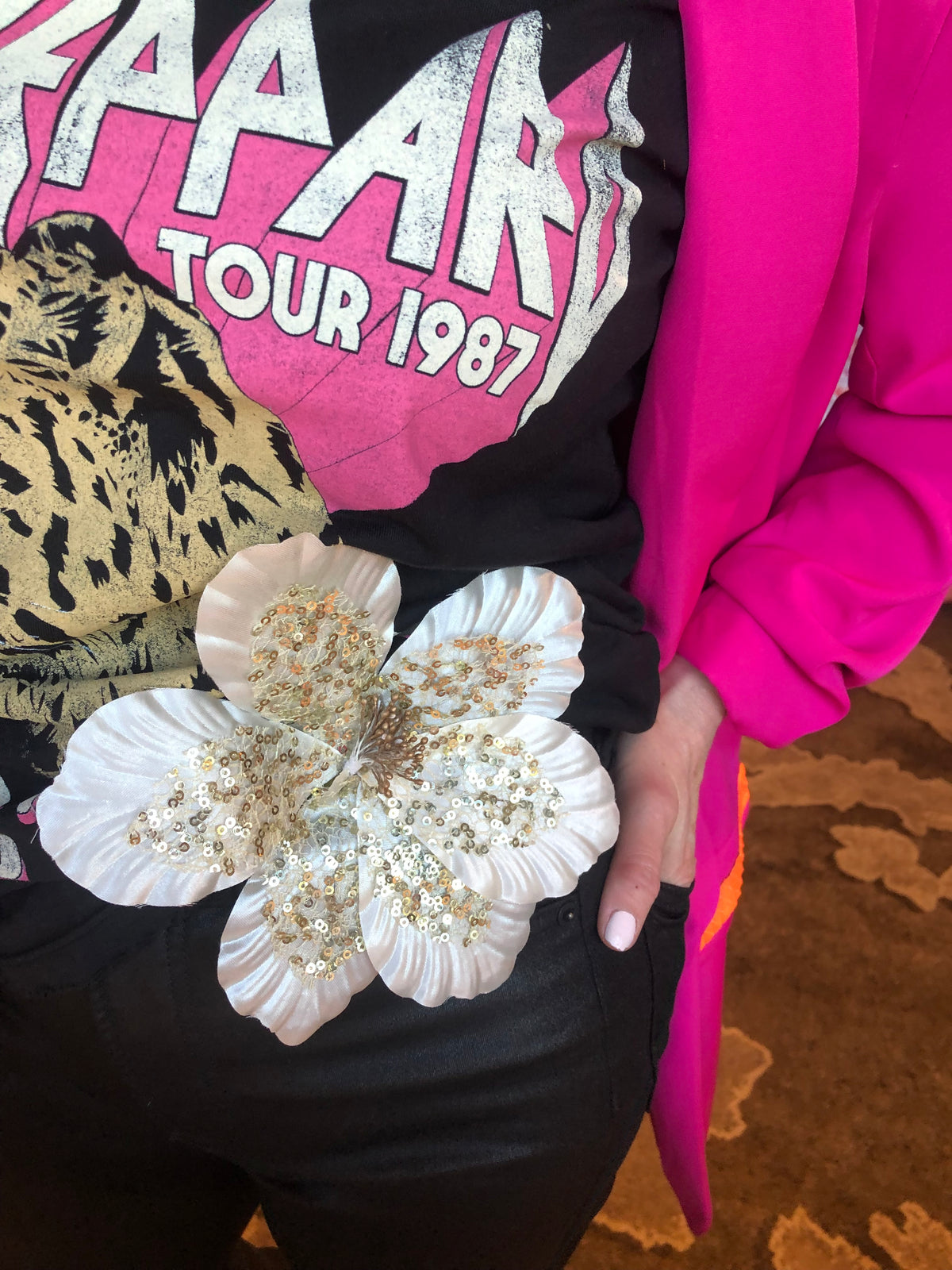 Black & Gold Sequin Hibiscus Brooch & Clip, 6" – No. 2
