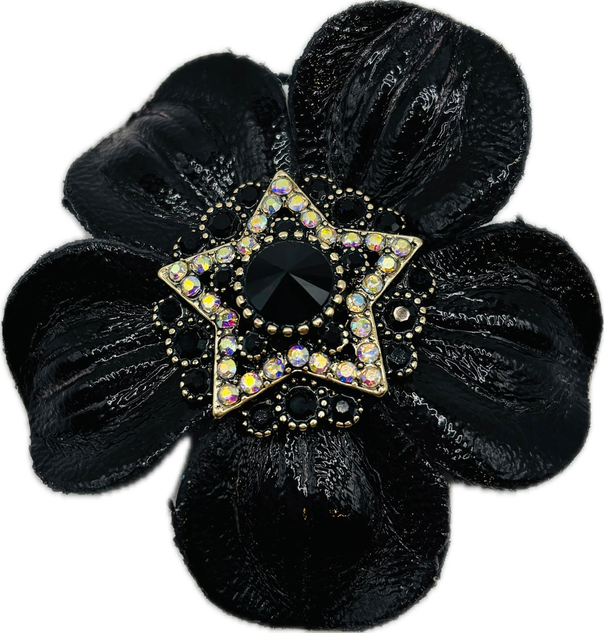 Baby Big Sky Rodeo Glam Black Leather Crystal Star Pin & Clip, 2 1/4"