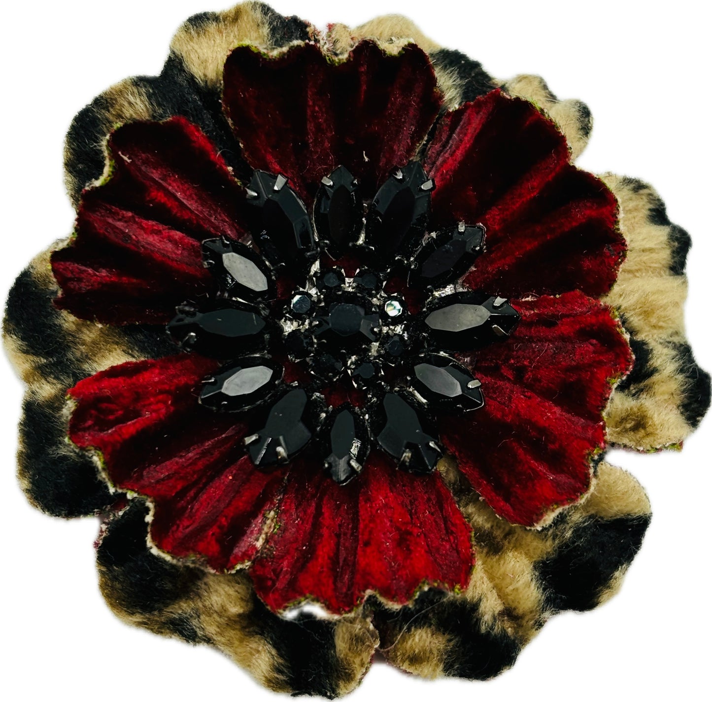 Karin’s Garden Margeaux 2.5” Leopard & Red Velvet with black crystal jeweled center. Pin or Clip into hair, lapel & more.